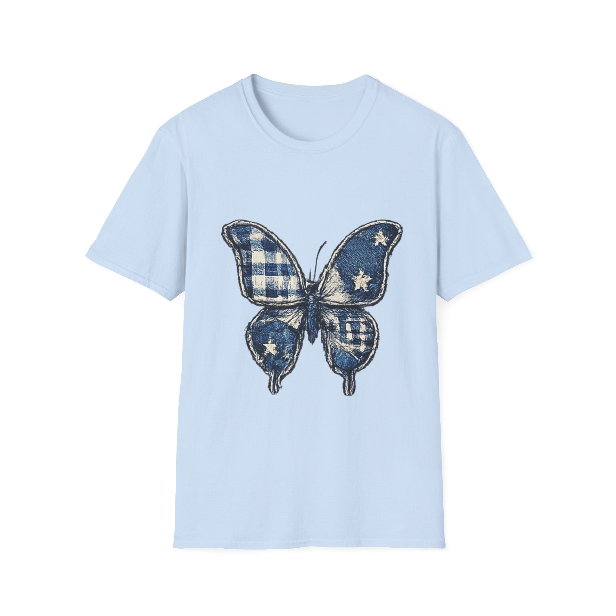 Butterfly Tee — Blue Plaid & Stars Graphic T-Shirt