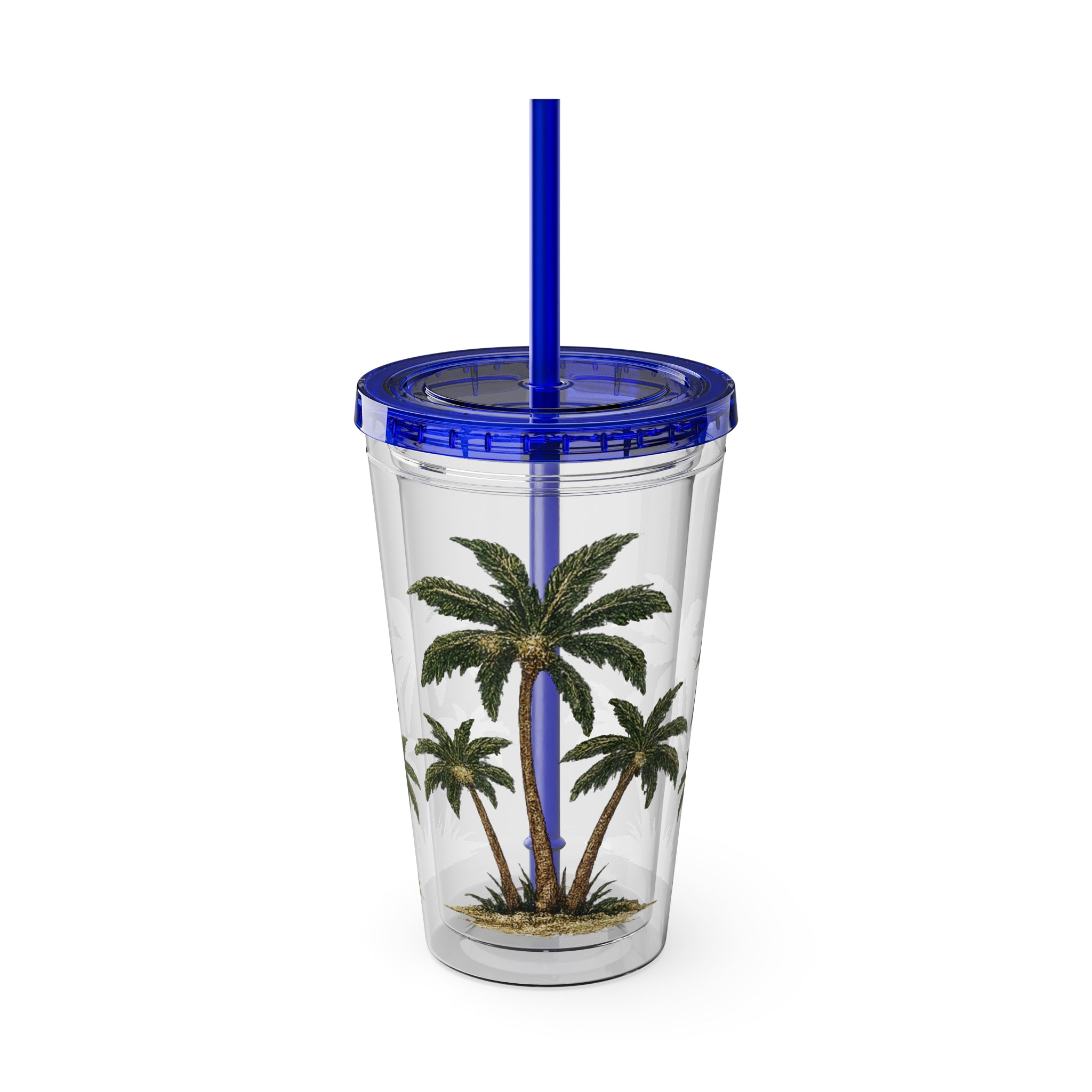 Palm Tree Tumbler — 16oz Clear Travel Cup with Straw, Tropical Sunsplash Design