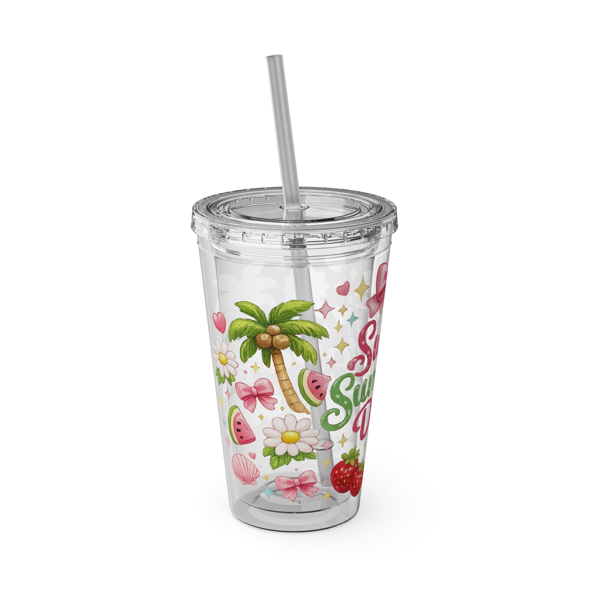 Sweet Summer Days Tumbler — 16oz Clear Straw Cup with Tropical Fruits & Bow Design