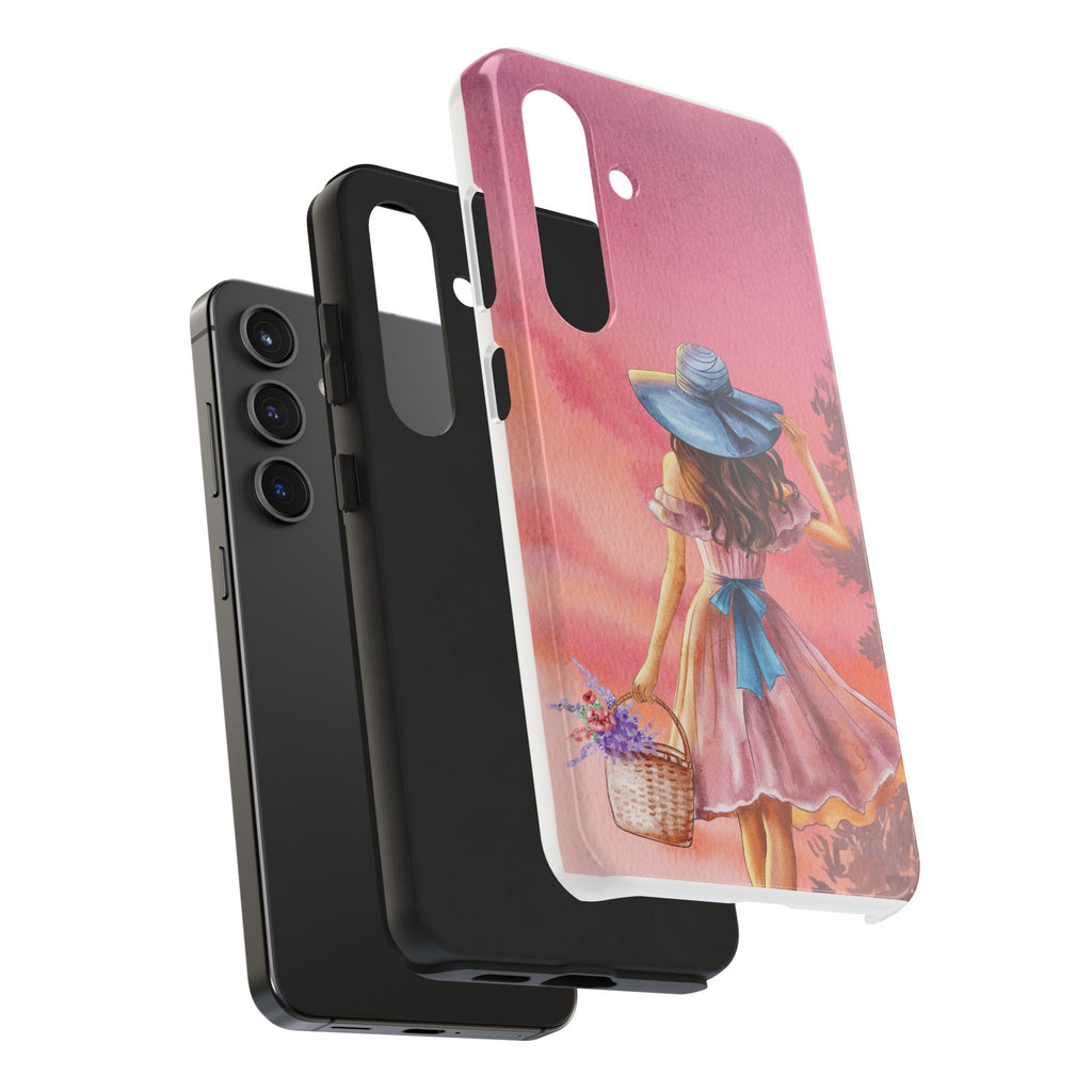 Pastel Picnic Girl Phone Case — Protective Tough Phone Case with Watercolor Sunset Design