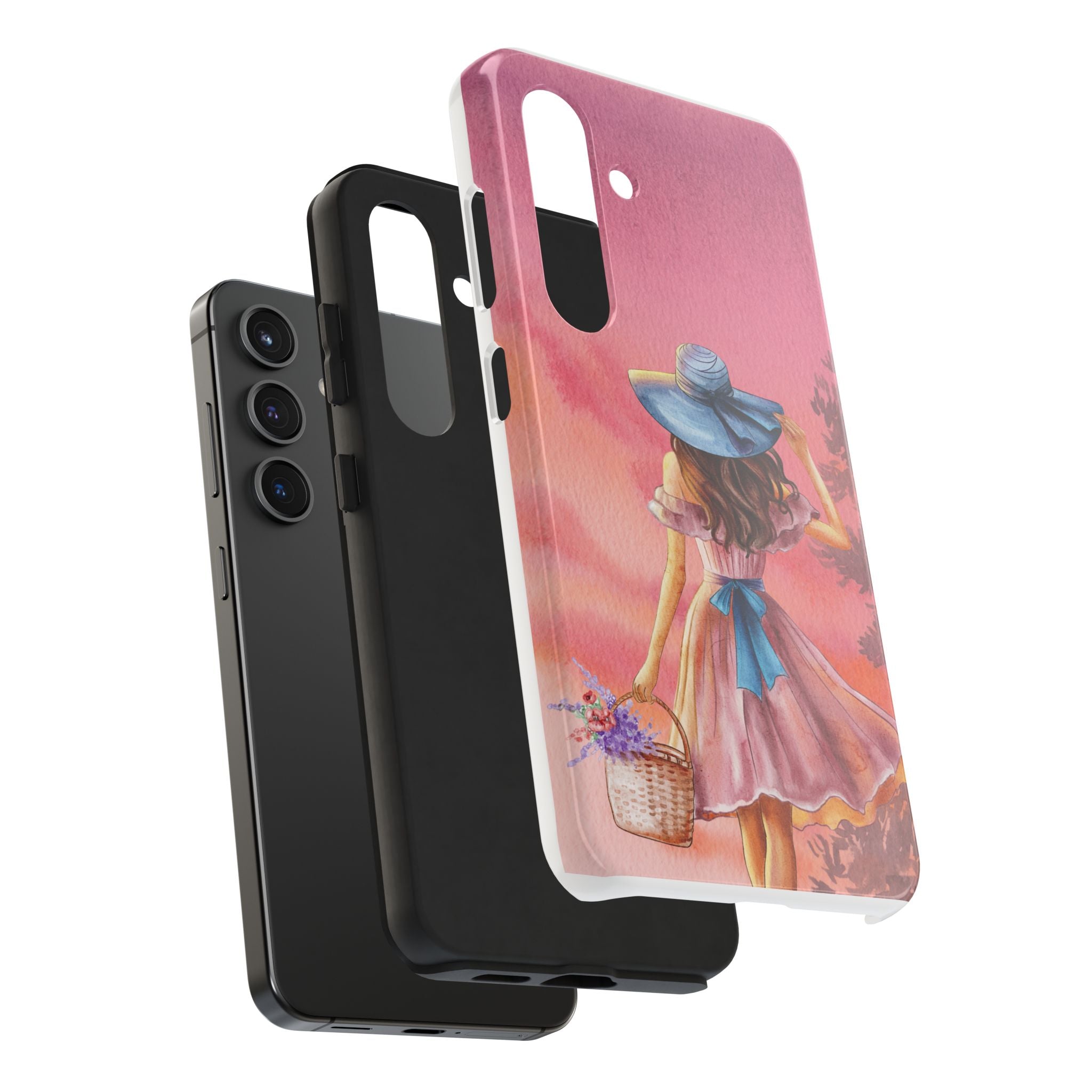 Pastel Picnic Girl Phone Case — Protective Tough Phone Case with Watercolor Sunset Design