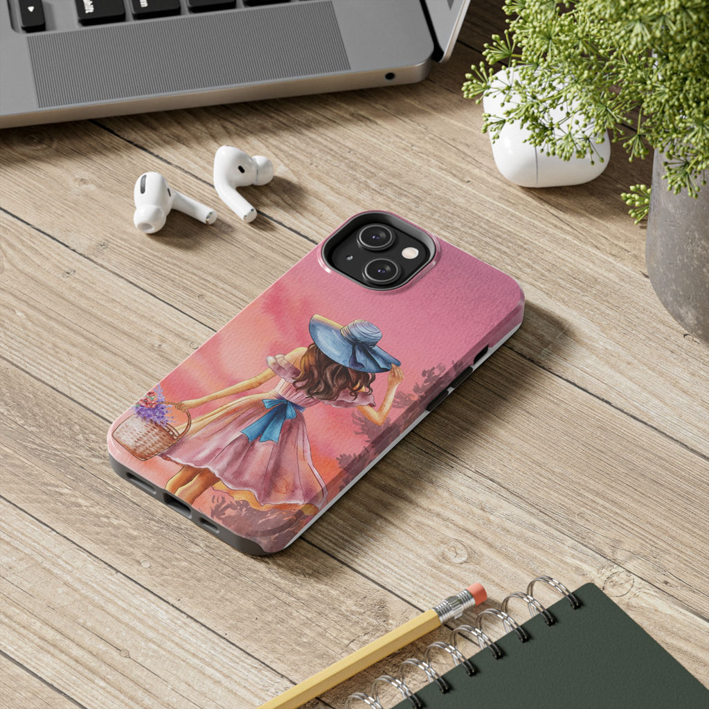 Pastel Picnic Girl Phone Case — Protective Tough Phone Case with Watercolor Sunset Design