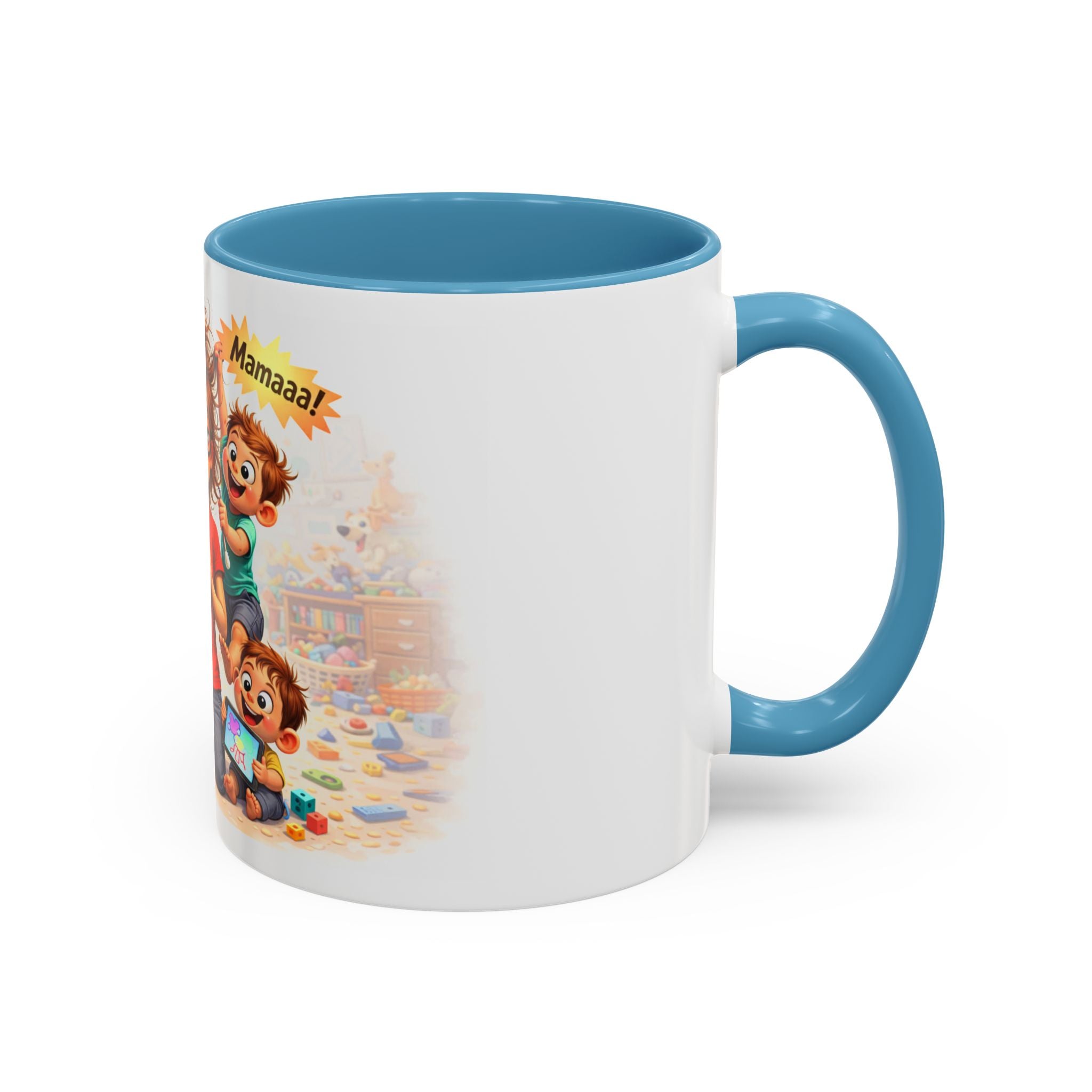 Coffee Mug – Funny Tired Mom Cartoon with Arabic “Mamaaa!” Designاهرب على فين