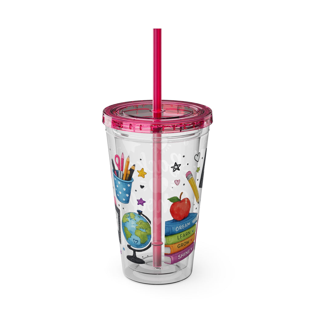 Back to School 16oz Tumbler with Straw – Cute School Supplies Design