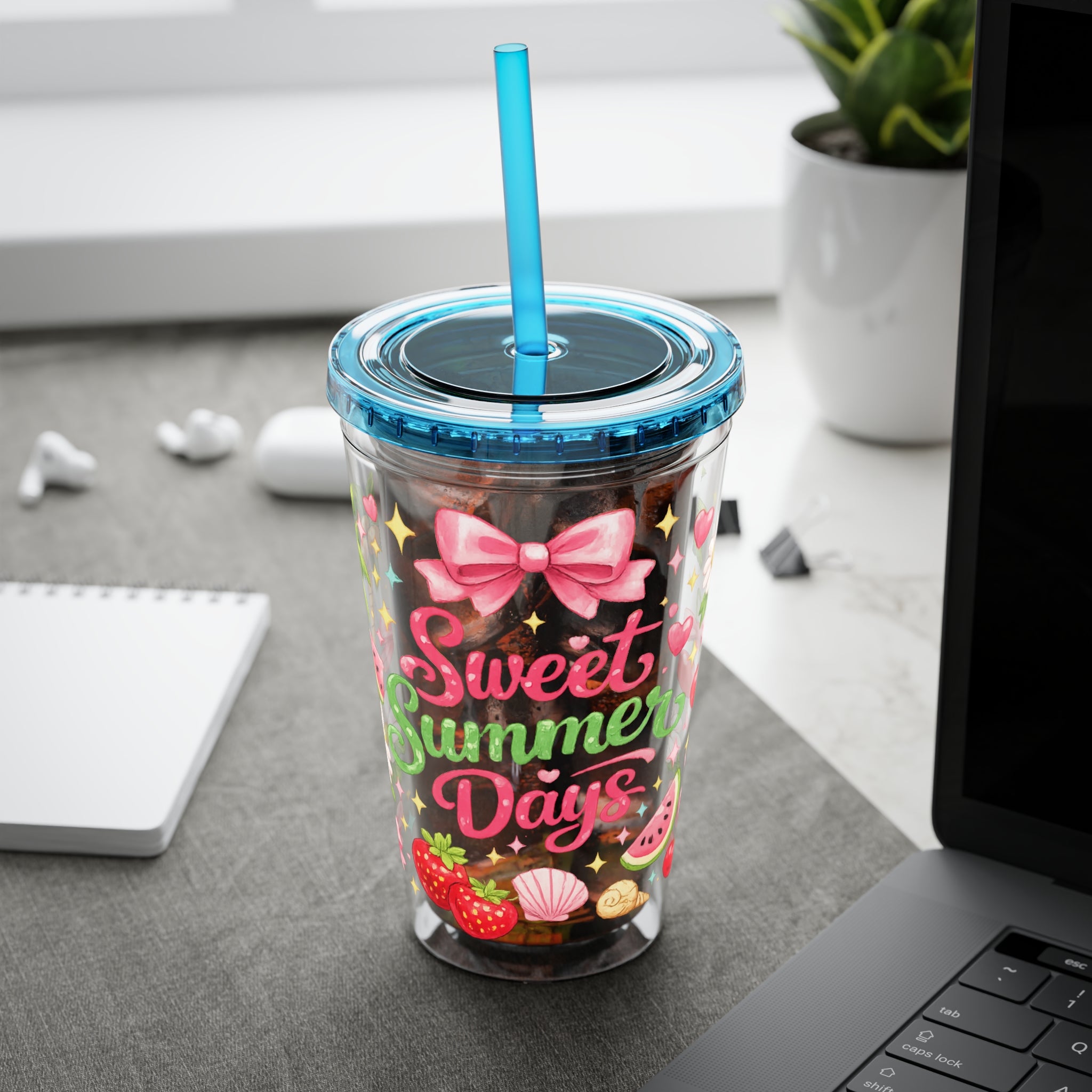 Sweet Summer Days Tumbler — 16oz Clear Straw Cup with Tropical Fruits & Bow Design