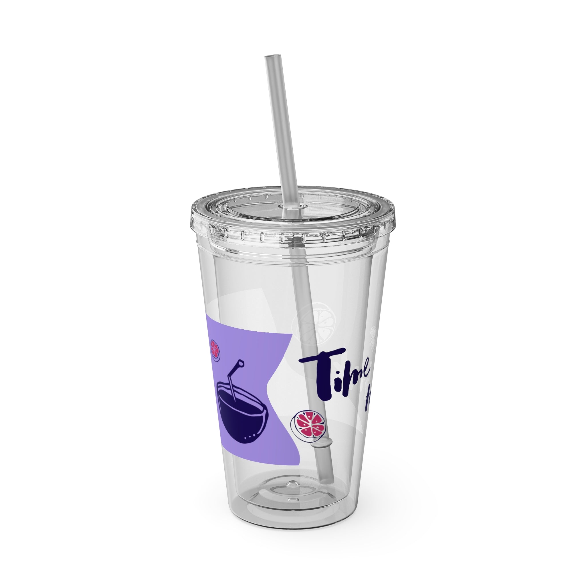 Sunsplash 16oz Tumbler with Straw — 'Time to Drink' Purple Sunset Drink Cup