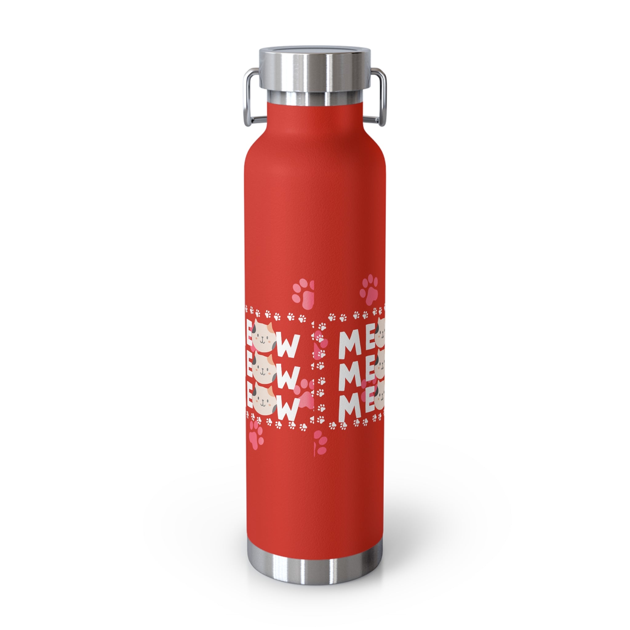 22oz Insulated Bottle — Red 'MEOW' Cute Cat Paw Print Design