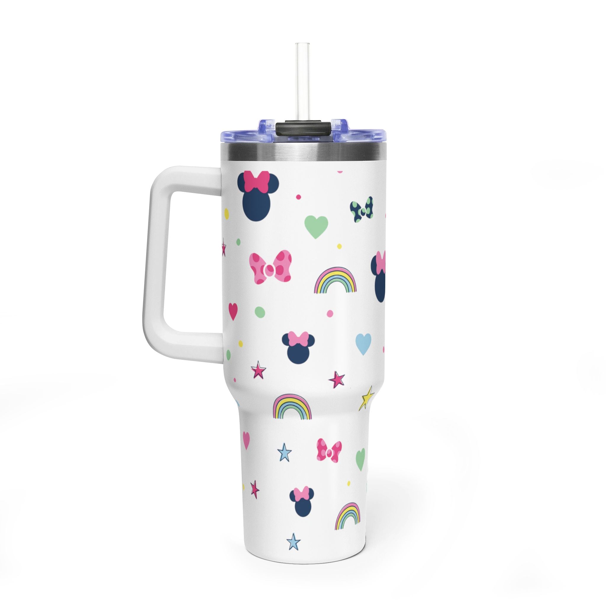 40oz Cute Minnie Pattern Vacuum Tumbler – Insulated Travel Mug with Straw & Handle