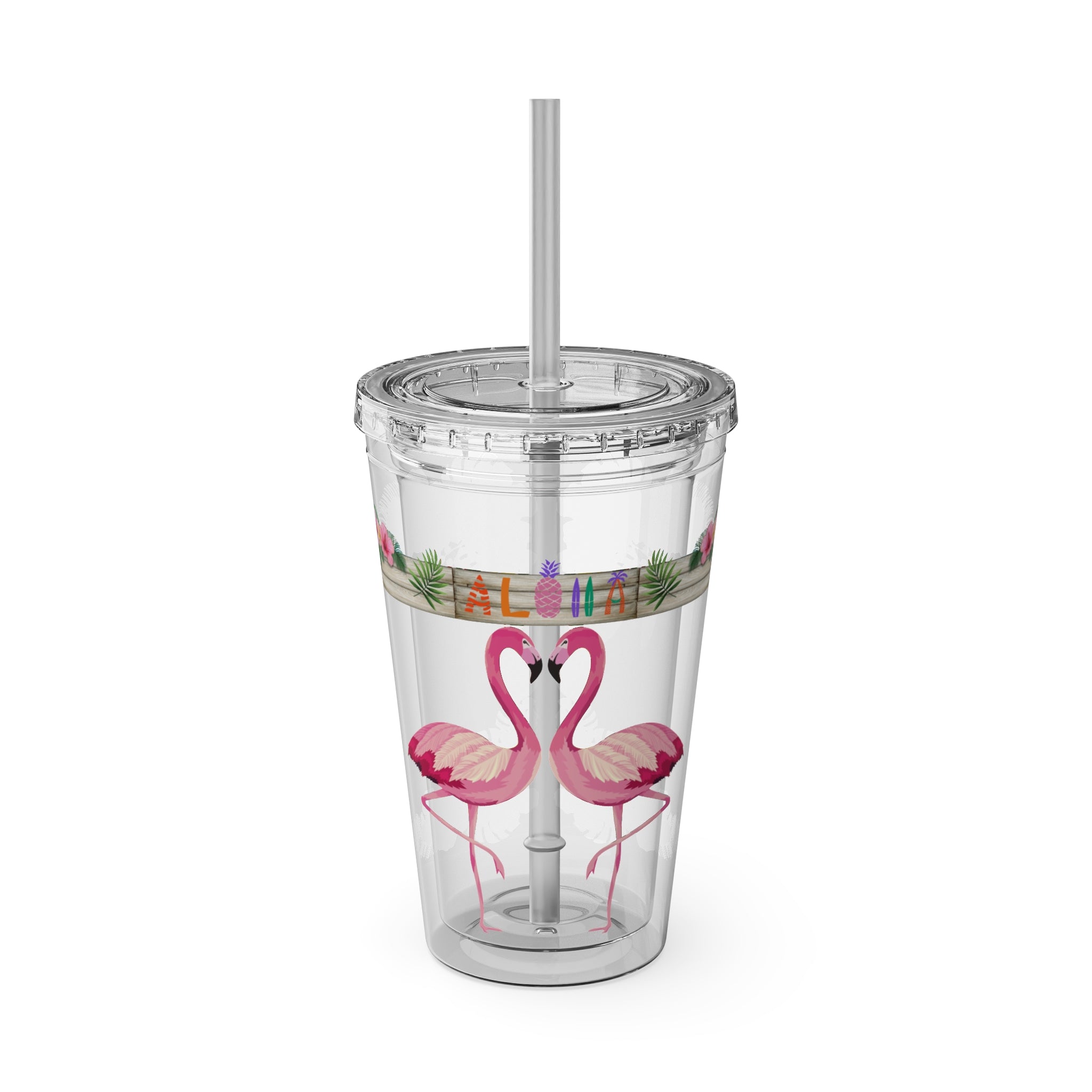 16oz Flamingo Aloha Tumbler with Straw — Tropical Sunsplash Drink Cup