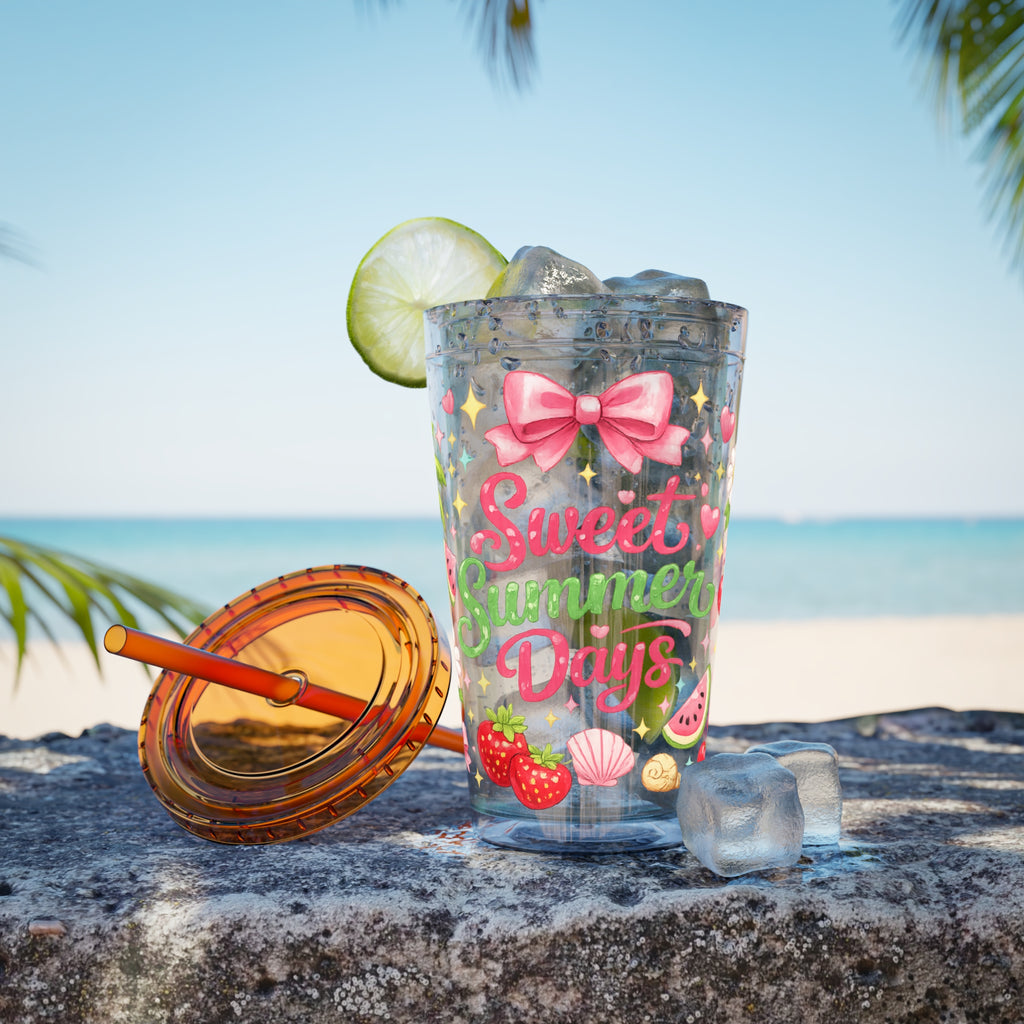 Sweet Summer Days Tumbler — 16oz Clear Straw Cup with Tropical Fruits & Bow Design