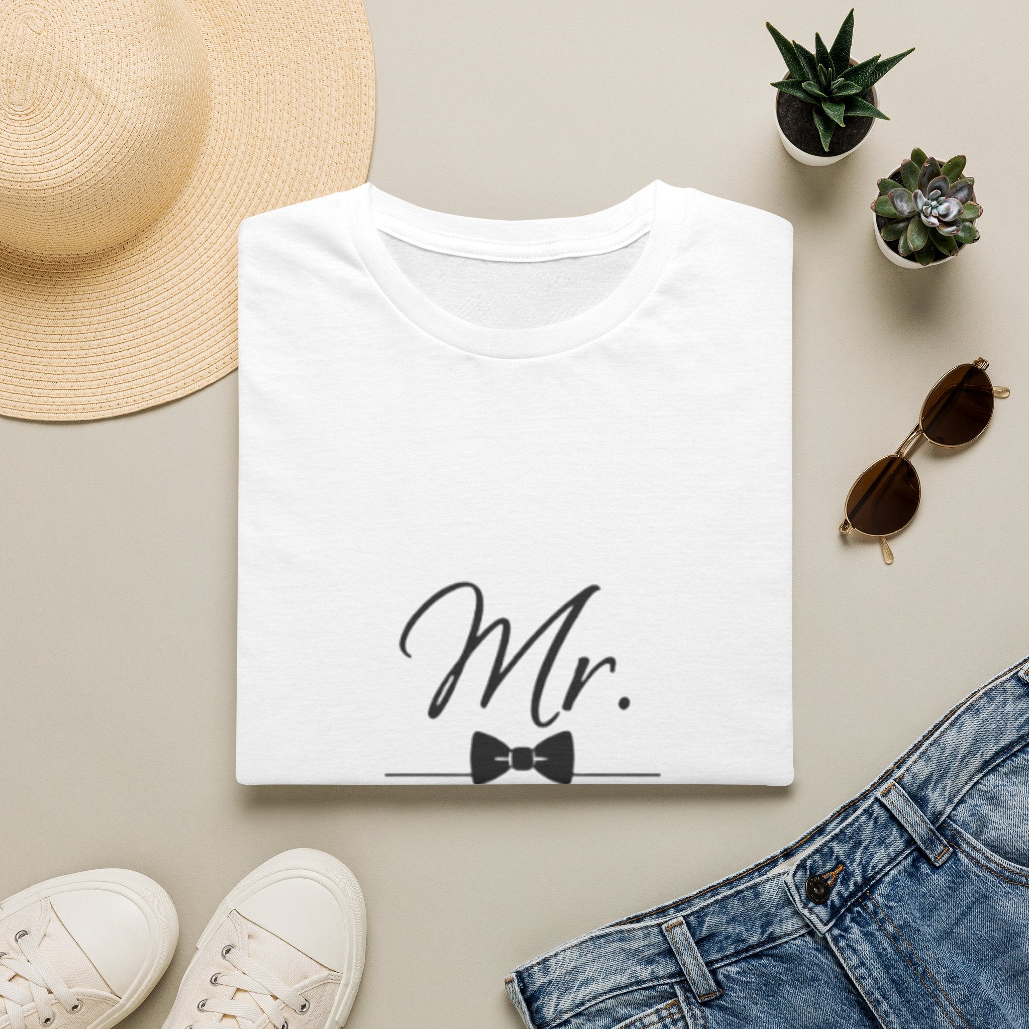 Mr. Right T‑Shirt — Groom/Bride Gift Tee with Bow Tie Design