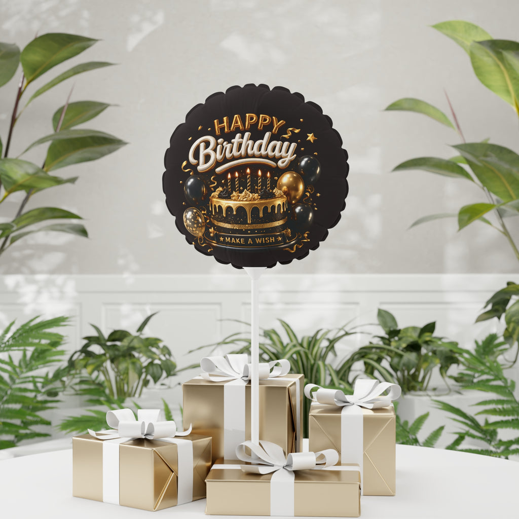 Happy Birthday 11" Foil Balloon — Black & Gold Cake Design
