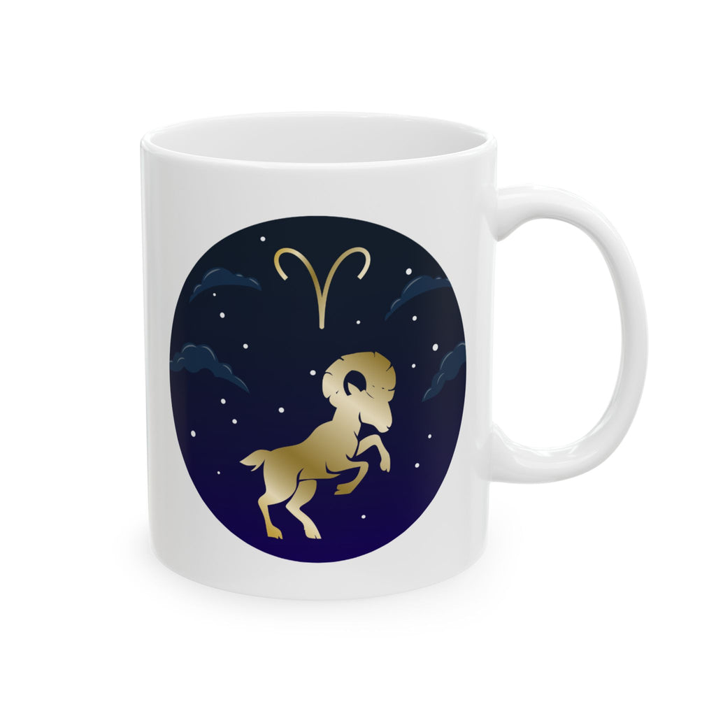 Aries Dreamy Night Cat Ceramic Mug – Starry Moon Cat Illustration (11oz, 15oz)