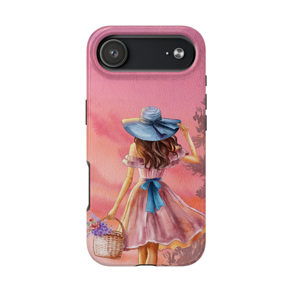 Pastel Picnic Girl Phone Case — Protective Tough Phone Case with Watercolor Sunset Design