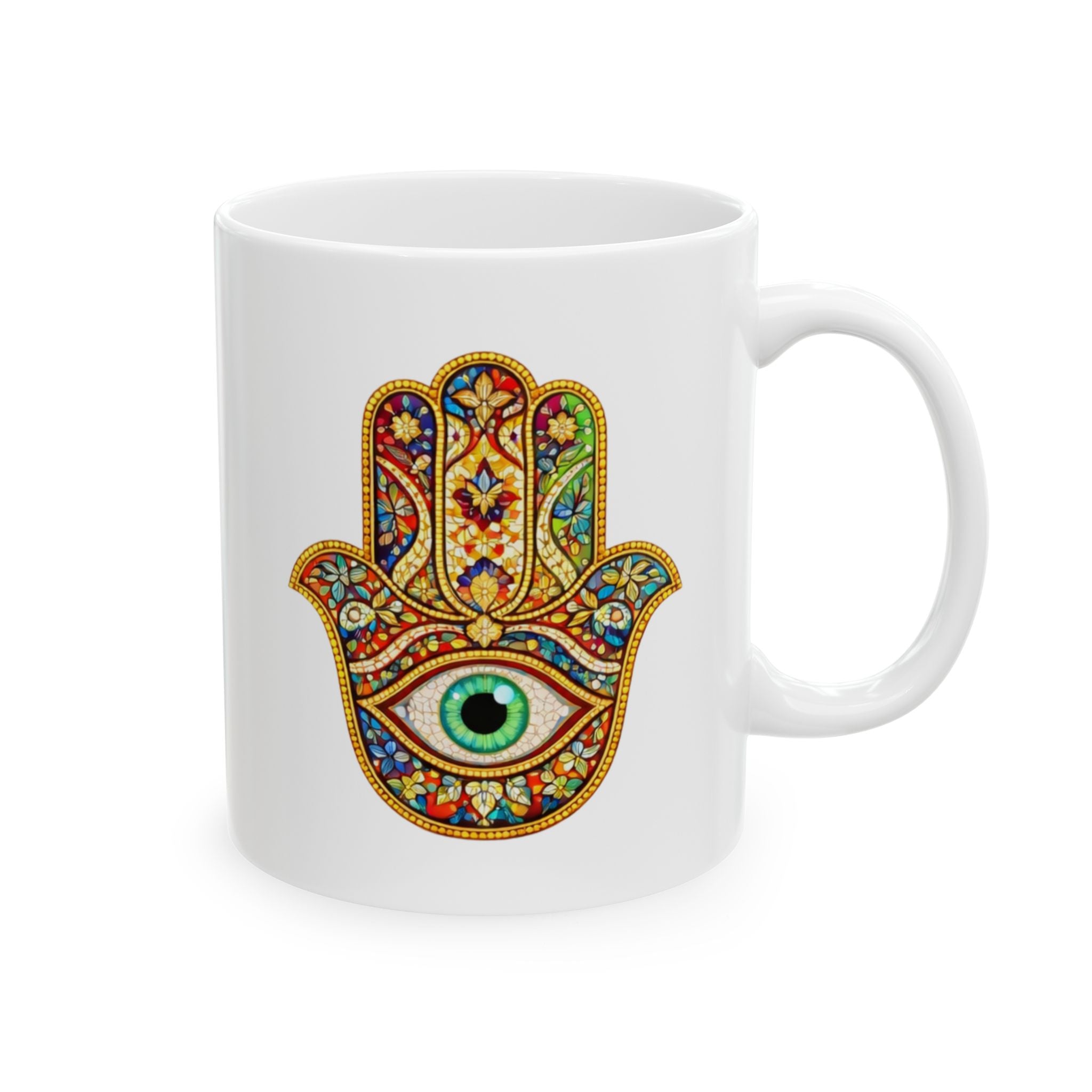 Hamsa Ceramic Mug – Colorful Boho Protection Coffee Cup (11oz, 15oz)