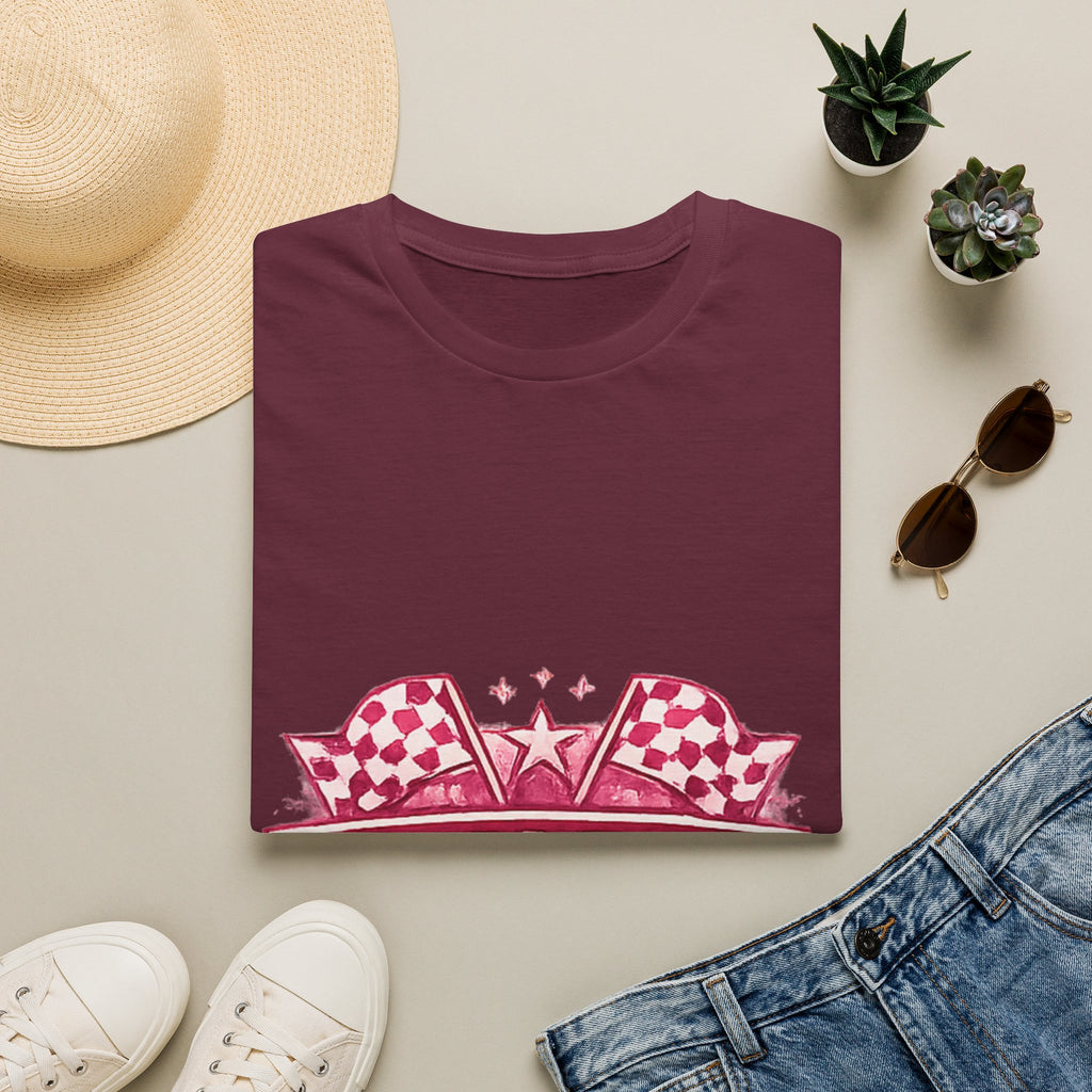 Team Girl Racing T Shirt | Pink Checkered Flags Star Emblem