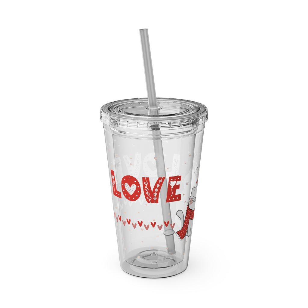 Love Cats Tumbler with Straw — 16oz Cute Couple Cats Valentine Travel Cup