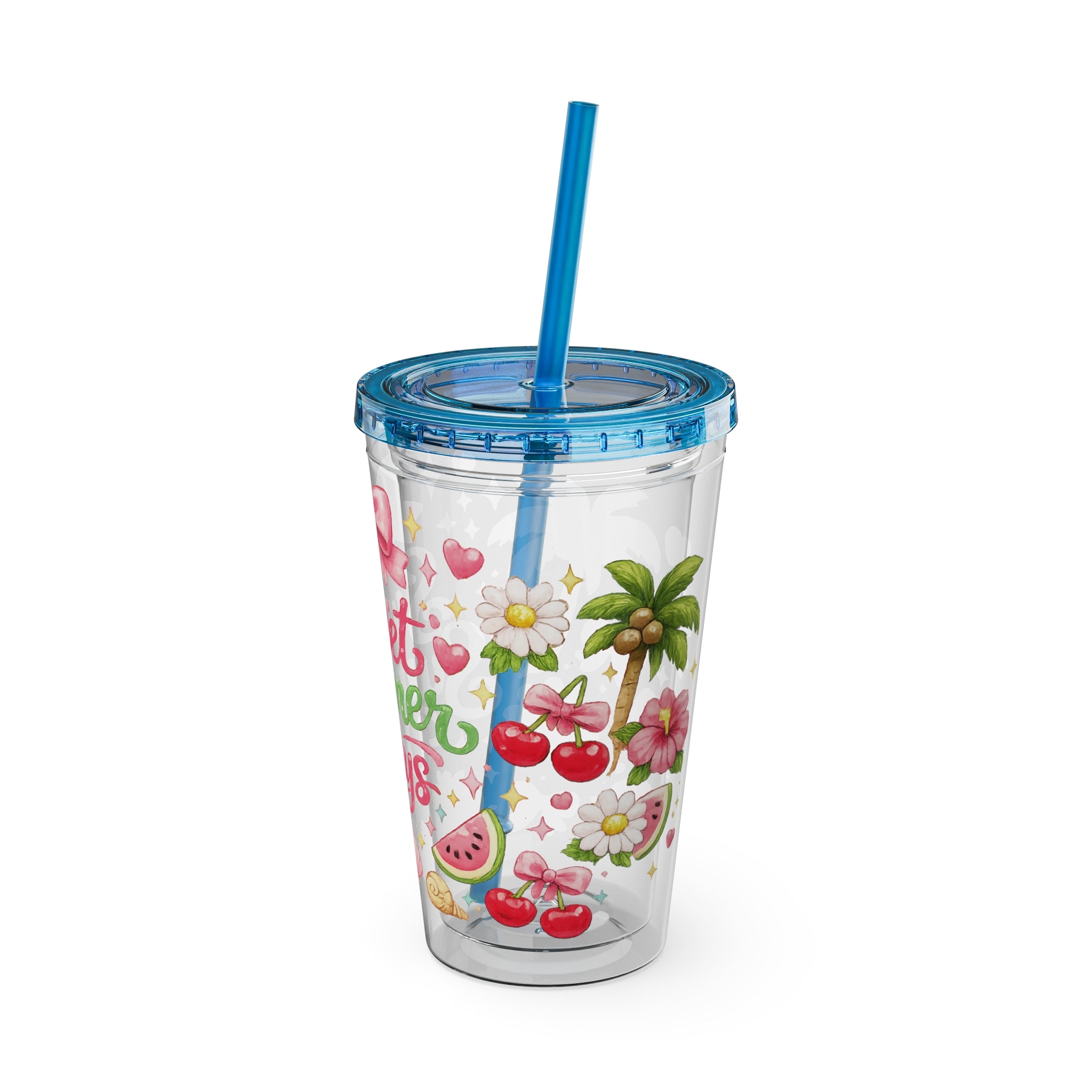 Sweet Summer Days Tumbler — 16oz Clear Straw Cup with Tropical Fruits & Bow Design
