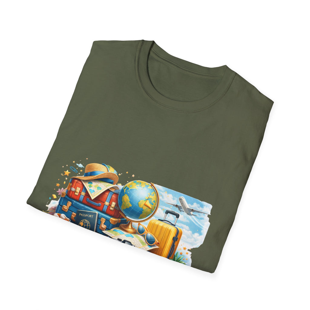 Travel Vibes T-Shirt — Retro Luggage, Globe & Camera Design