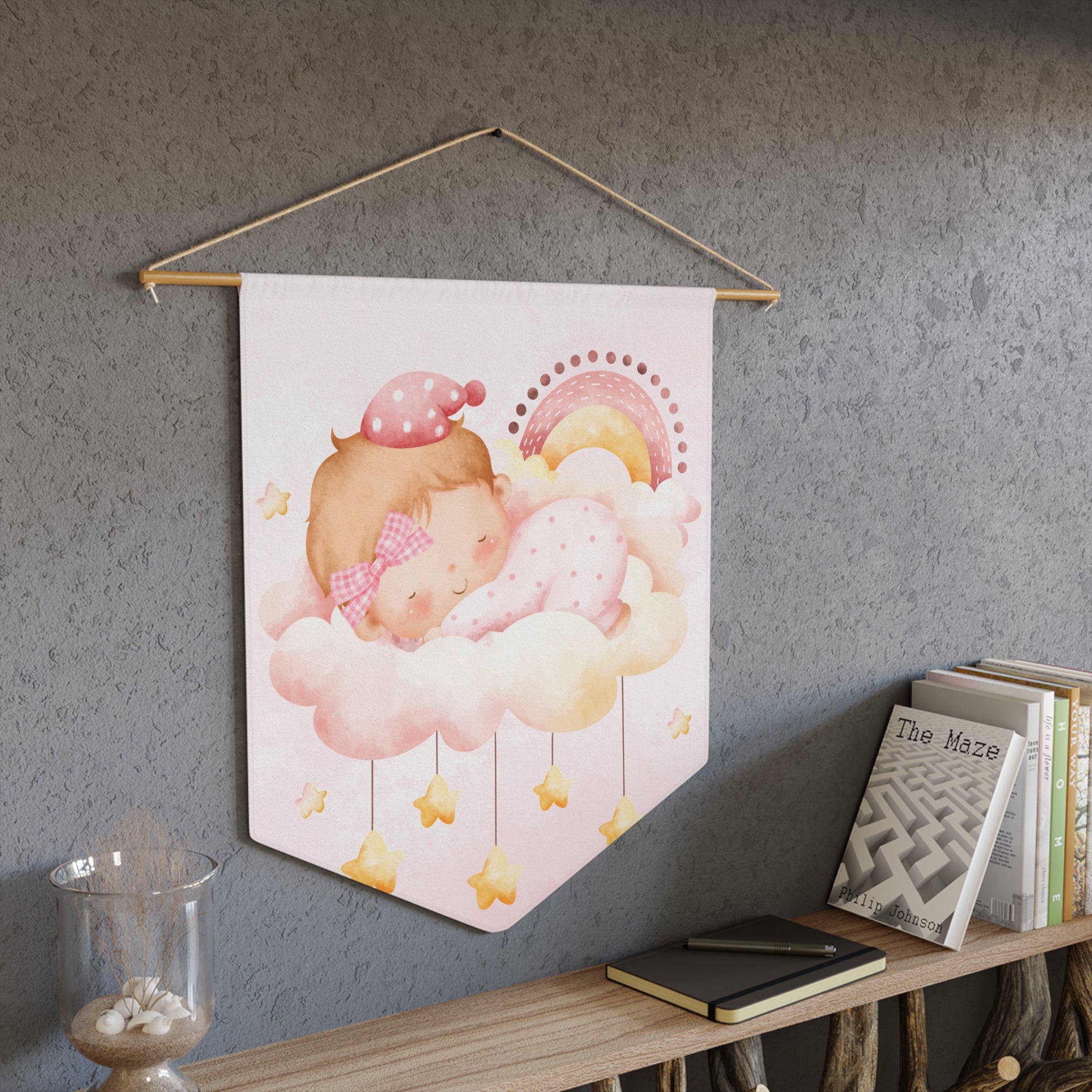 Baby Nursery Pennant Banner — Sleeping Baby on Cloud, Pink Rainbow Wall Decor for Baby Shower & Newborn