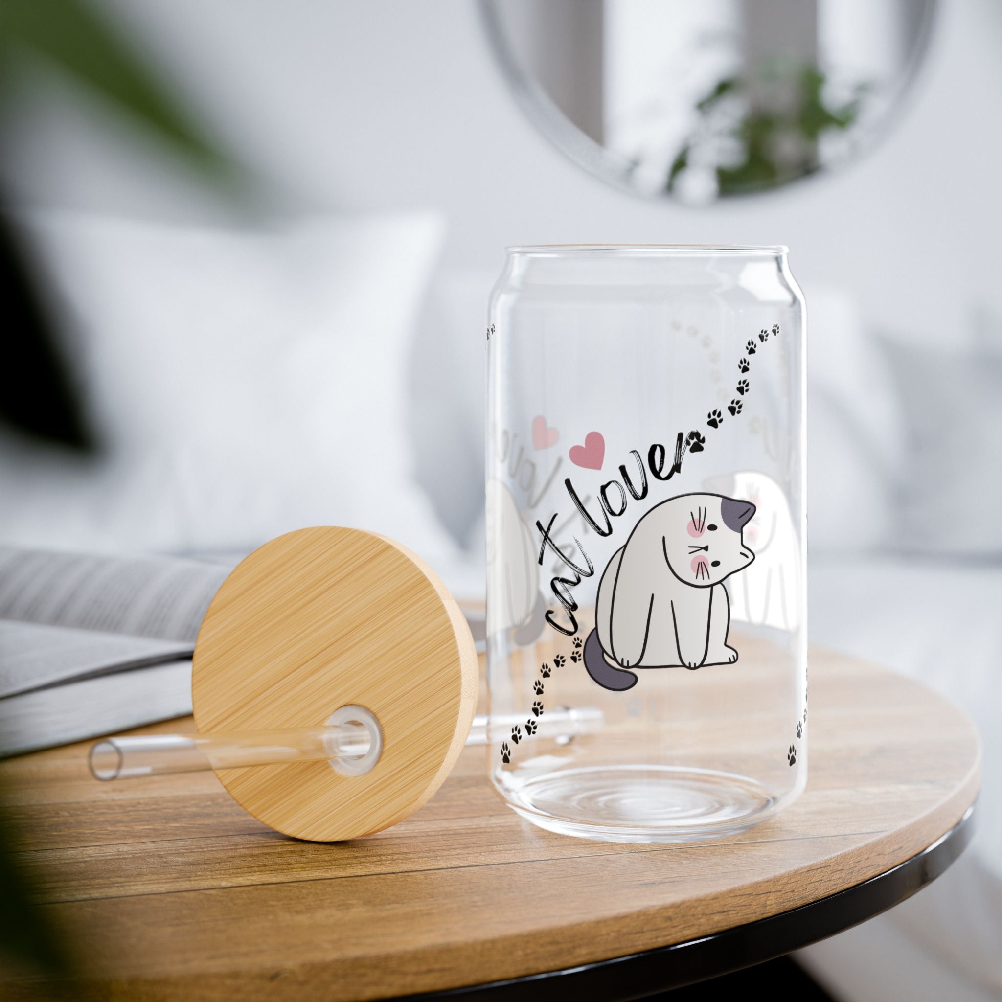 Cat Lover 16oz Glass Sipper with Bamboo Lid & Straw