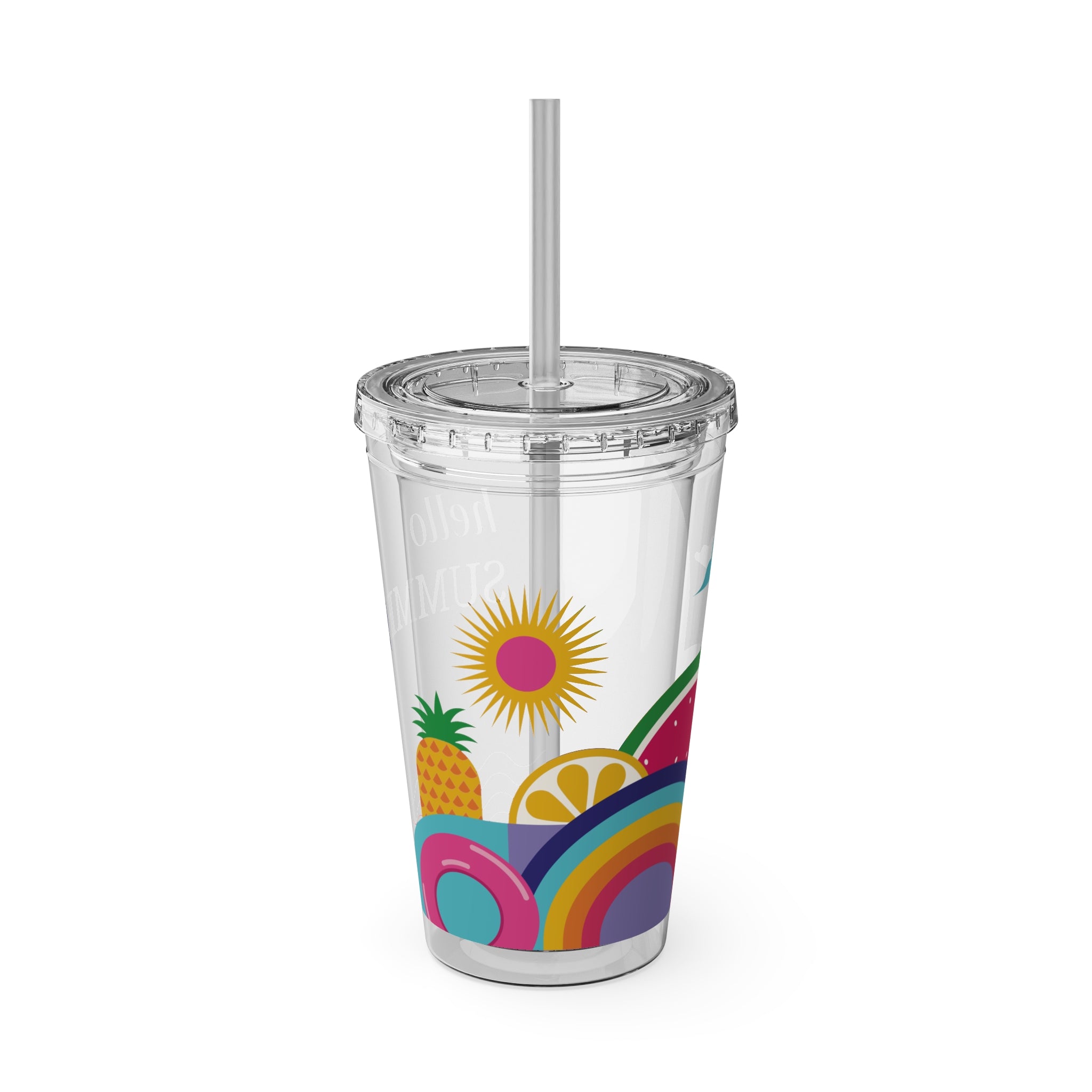 16oz Sunsplash Tumbler with Straw — "Hello Summer" Colorful Beach Vibes