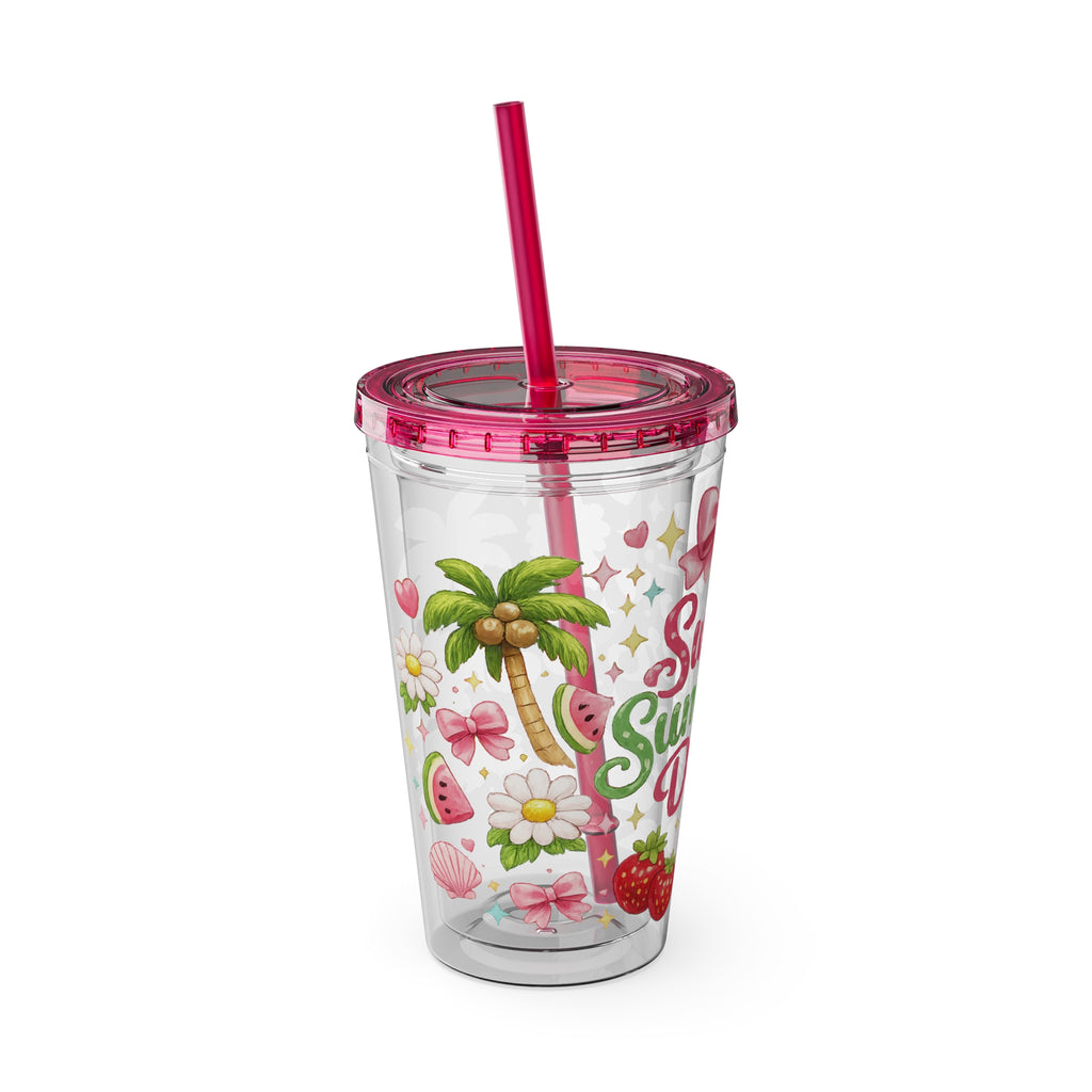 Sweet Summer Days Tumbler — 16oz Clear Straw Cup with Tropical Fruits & Bow Design