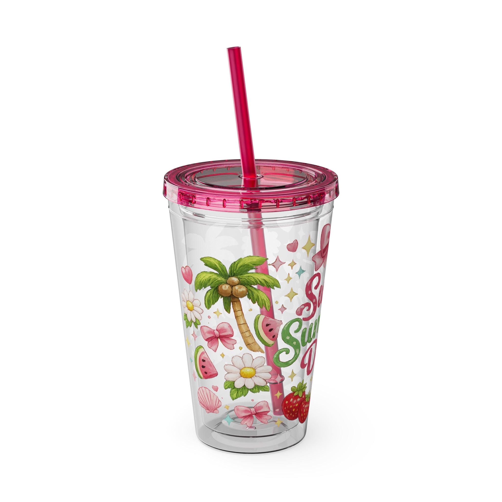 Sweet Summer Days Tumbler — 16oz Clear Straw Cup with Tropical Fruits & Bow Design