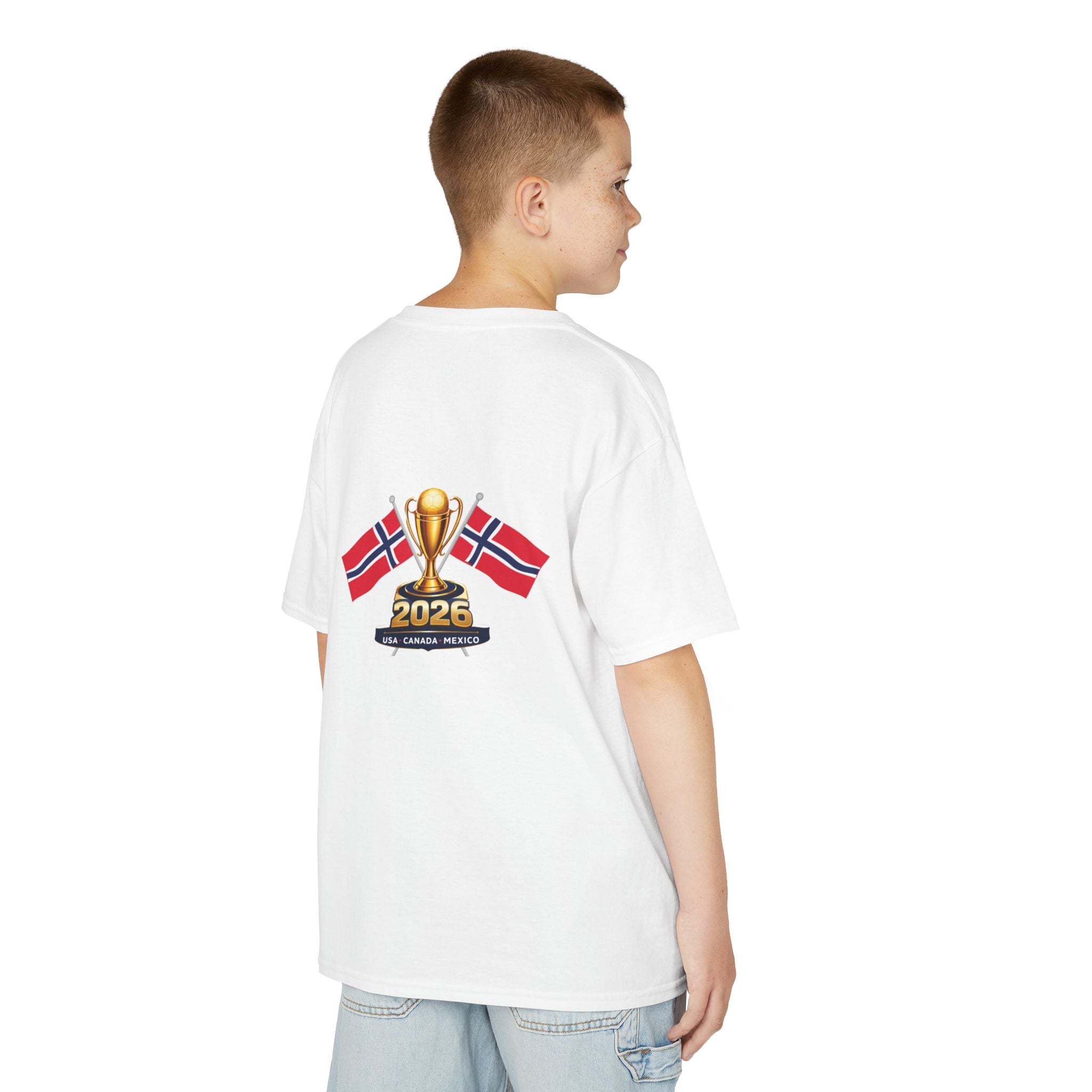 Kids Norway 2026 Cup Soccer T-Shirt — Norwegian Flag Trophy Tee