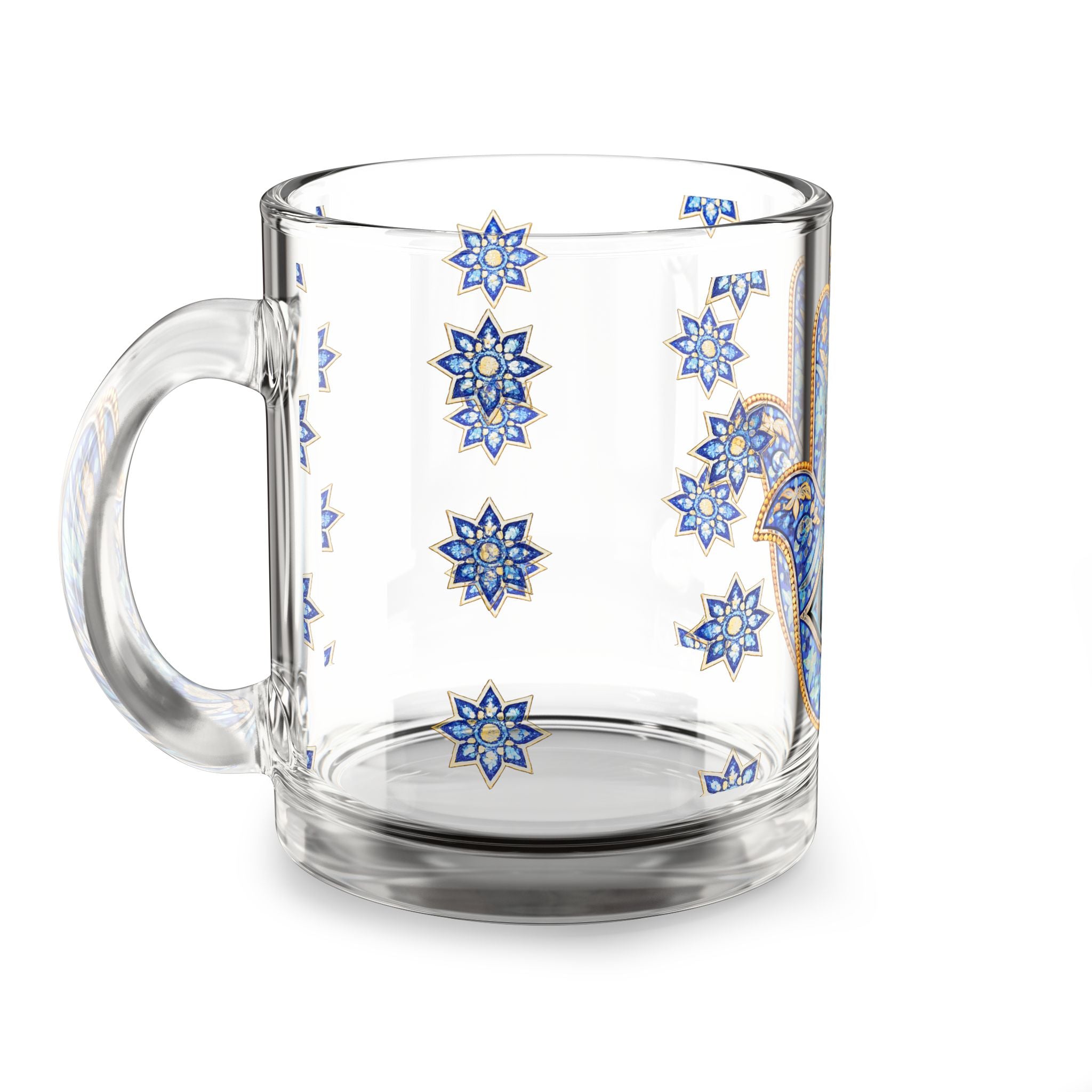 Hamsa Evil Eye Glass Mug — 10oz Blue Mosaic Protection Tea/Coffee Cup