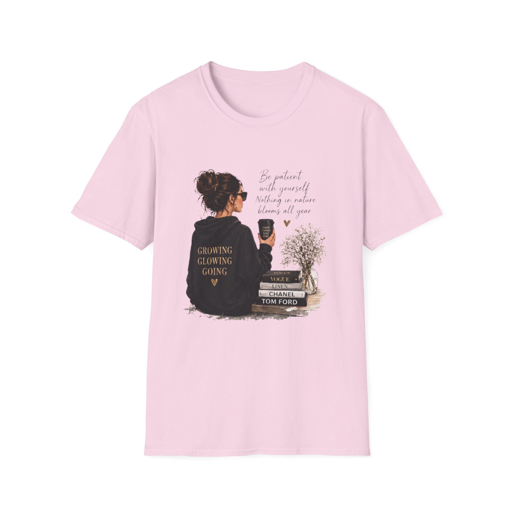 Cozy Reading Girl T-Shirt — "Growing, Glowing, Going" Literary Graphic Tee