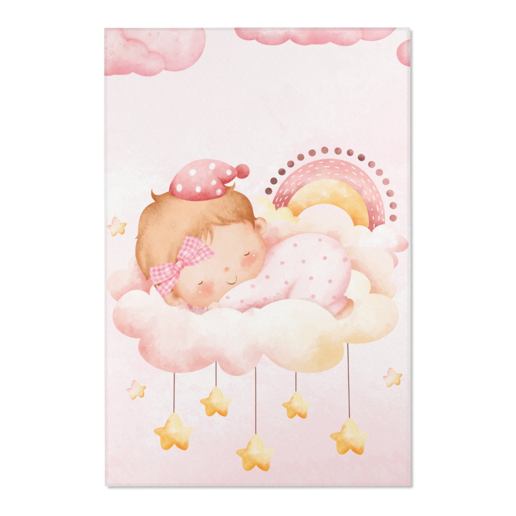 Baby Pink Nursery Area Rug — Sleeping Baby on Cloud with Stars & Rainbow
