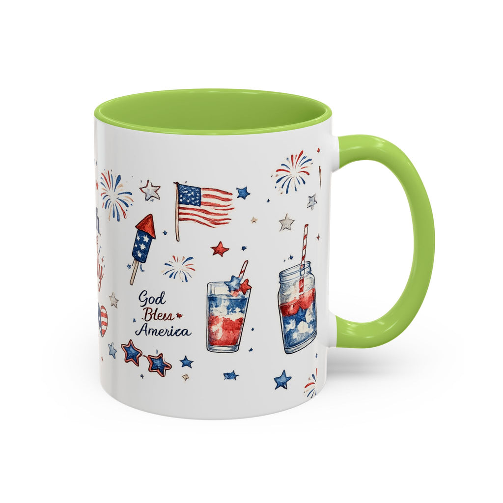 4th of July Accent Coffee Mug — Patriotic Fireworks & God Bless America Design (11oz)