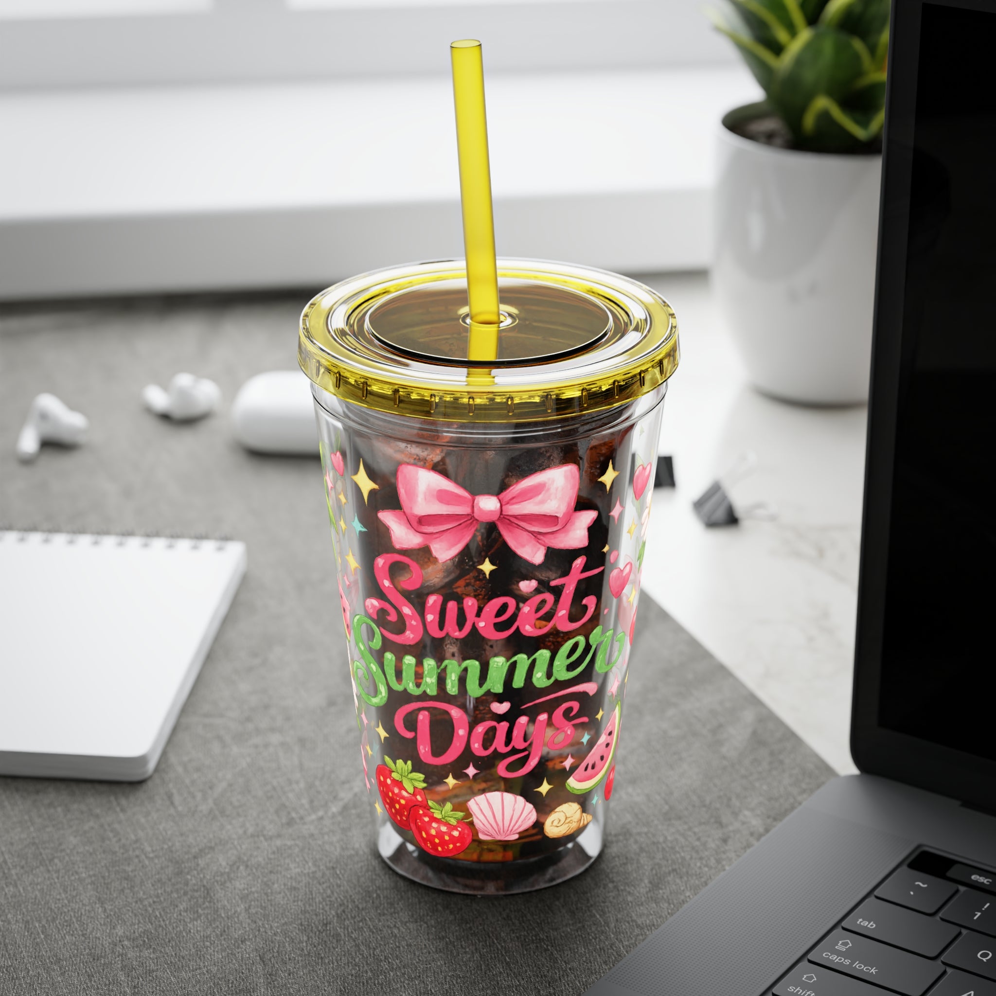 Sweet Summer Days Tumbler — 16oz Clear Straw Cup with Tropical Fruits & Bow Design