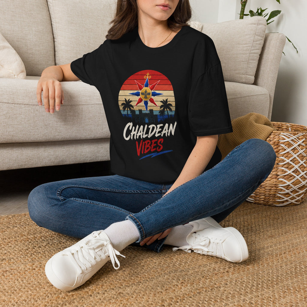 Chaldean Vibes Retro Sun T-Shirt – Assyrian Star & Palm Beach Tee