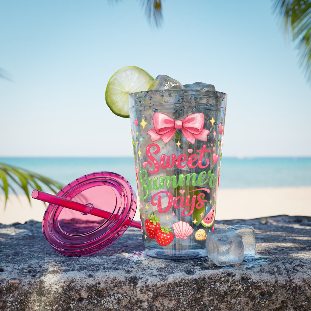 Sweet Summer Days Tumbler — 16oz Clear Straw Cup with Tropical Fruits & Bow Design