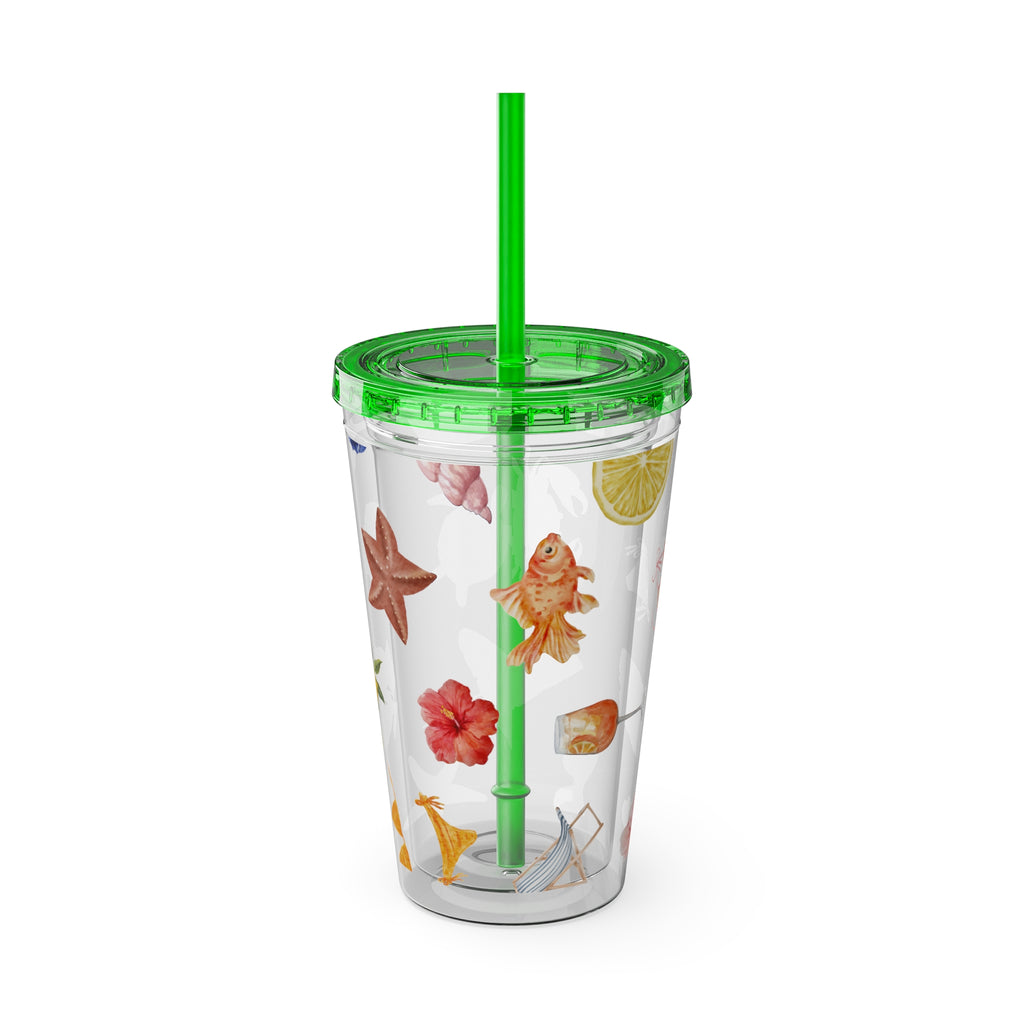 16oz Sunsplash Tumbler with Straw — Beach Shell & Tropical Watercolor Pattern