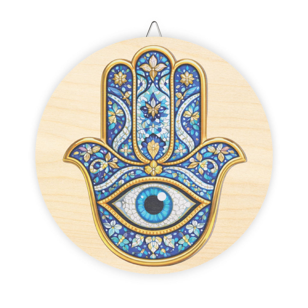Hamsa Hand Wood Sign – Blue Mosaic Evil Eye Wall Decor