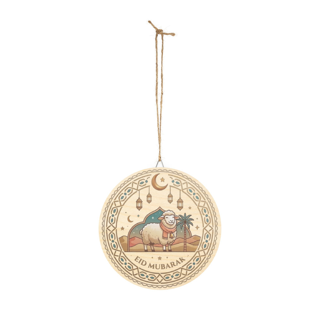 Eid Mubarak Round Wood Sign — Festive Sheep & Lantern Ramadan Decor