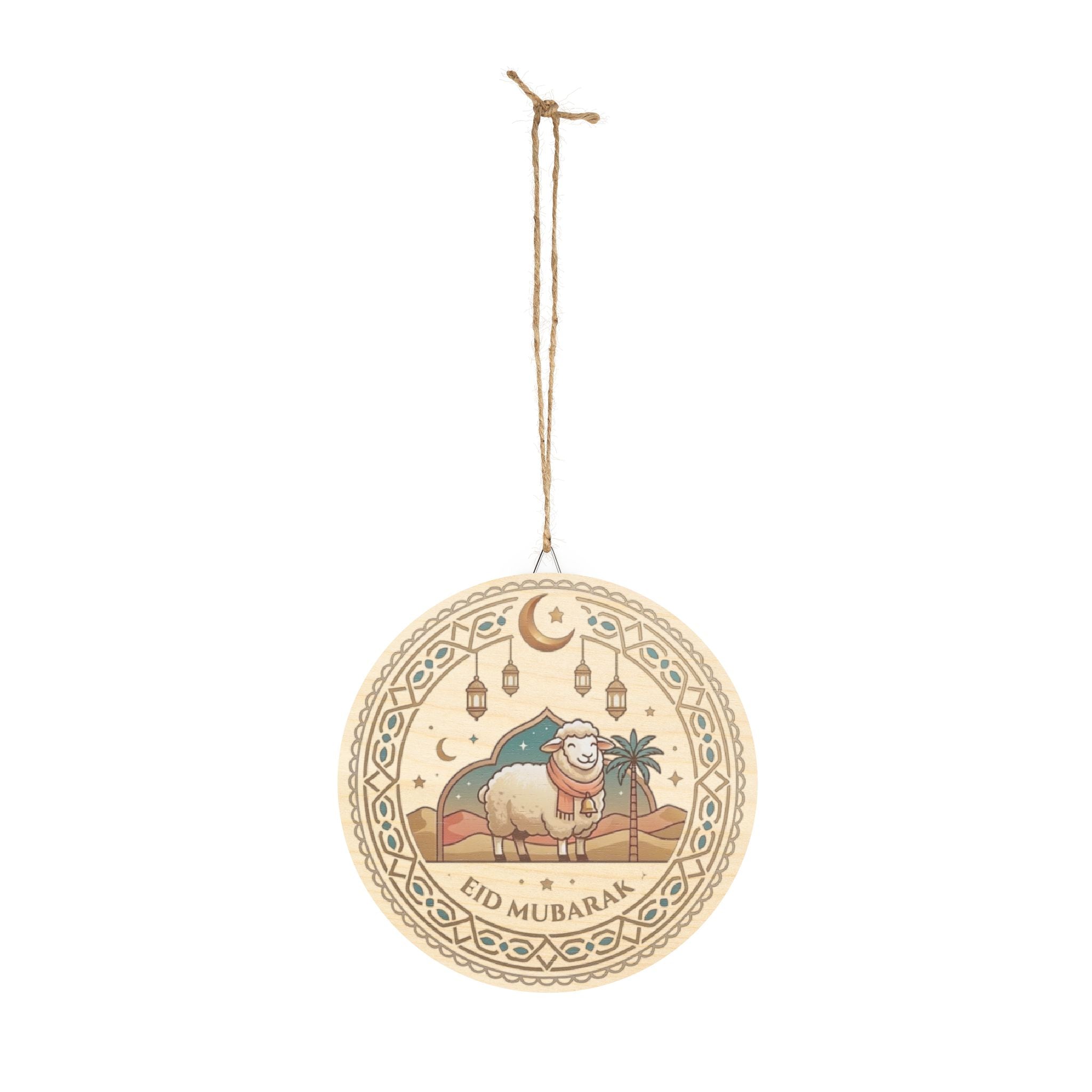 Eid Mubarak Round Wood Sign — Festive Sheep & Lantern Ramadan Decor
