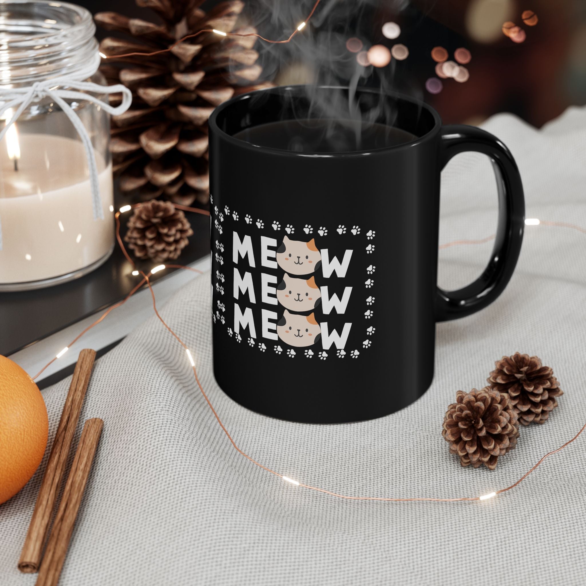 Meow Cat Mug — Black Ceramic Coffee Cup with Cute Cat Faces & Paw Print Pattern