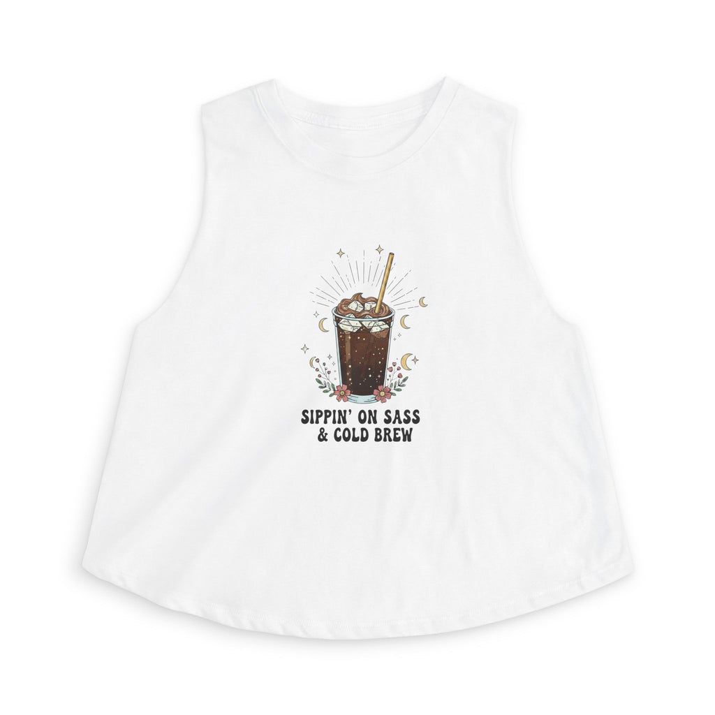 Cold Brew Crop Top — "Sippin' On Sass & Cold Brew" Coffee Graphic Tank