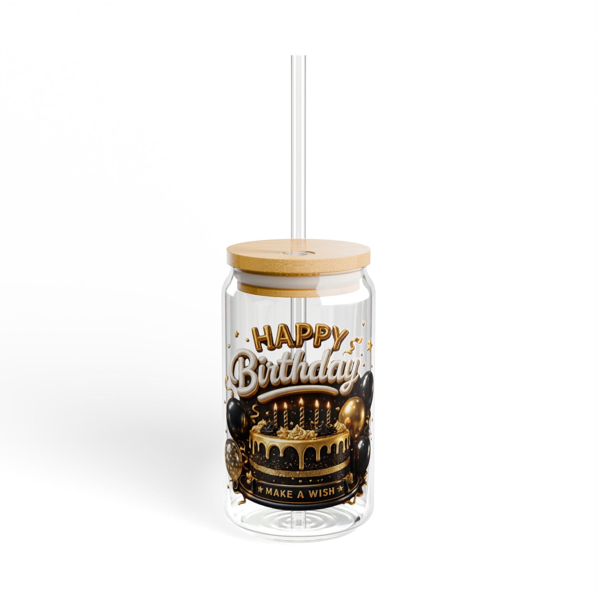 Happy Birthday -Gold Balloon Cake Party Tumbler with Straw