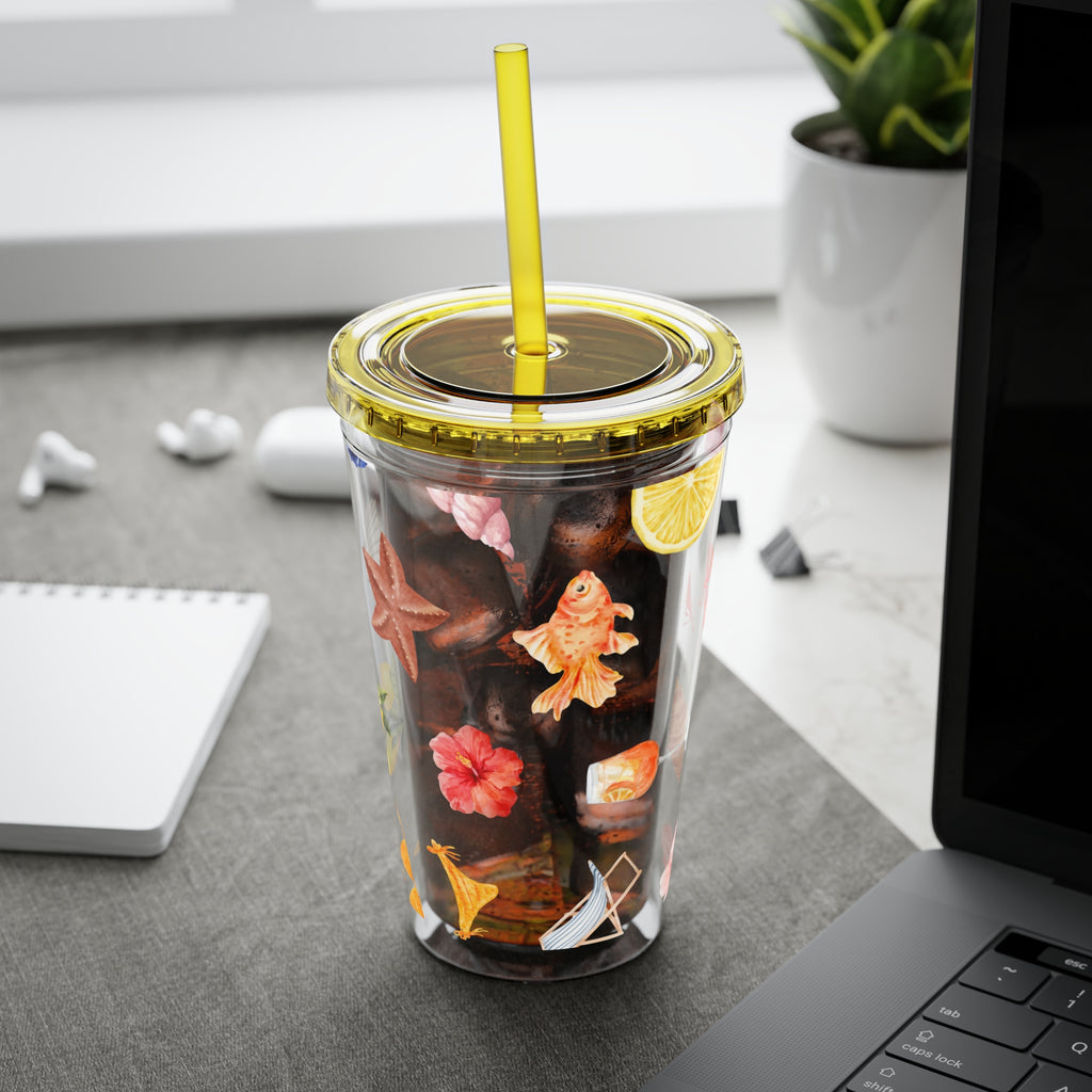 16oz Sunsplash Tumbler with Straw — Beach Shell & Tropical Watercolor Pattern