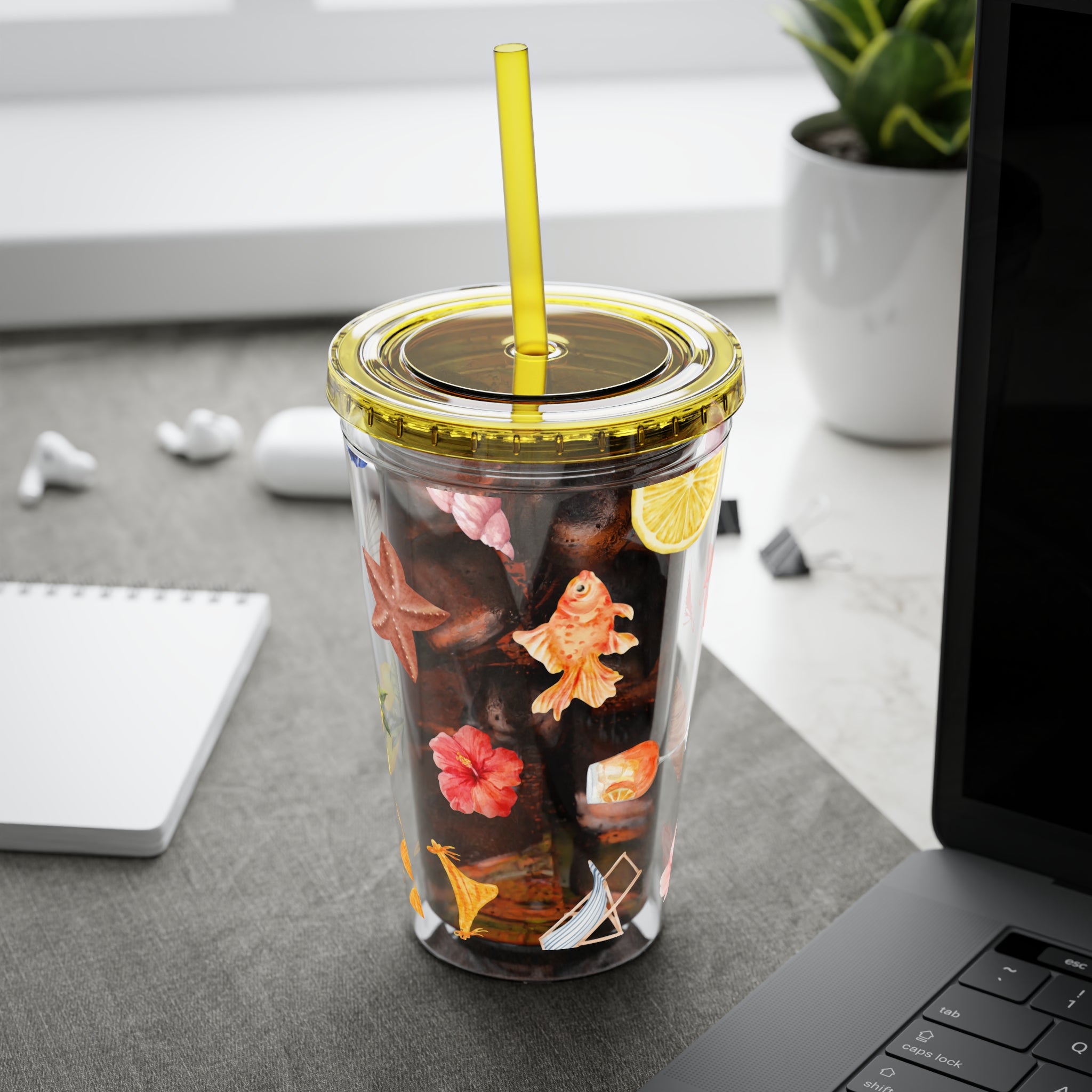 16oz Sunsplash Tumbler with Straw — Beach Shell & Tropical Watercolor Pattern