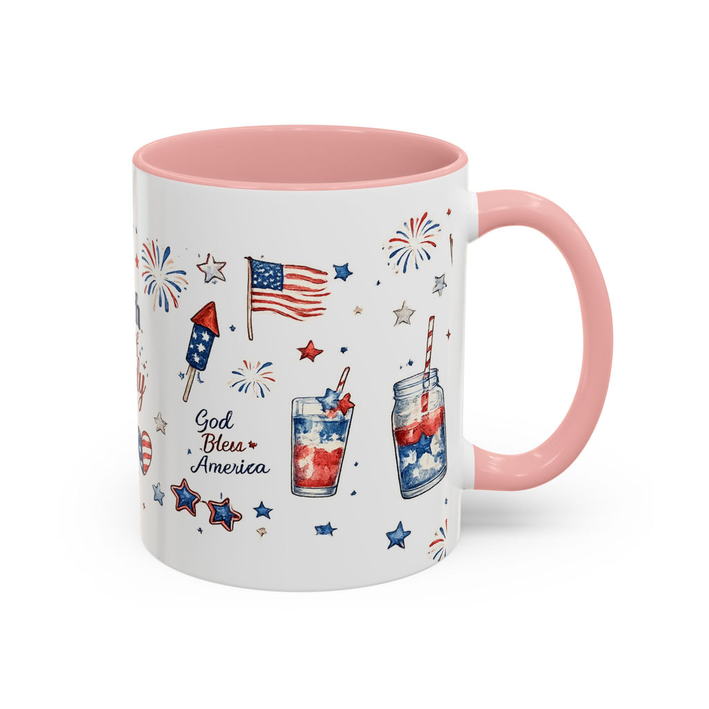 4th of July Accent Coffee Mug — Patriotic Fireworks & God Bless America Design (11oz)
