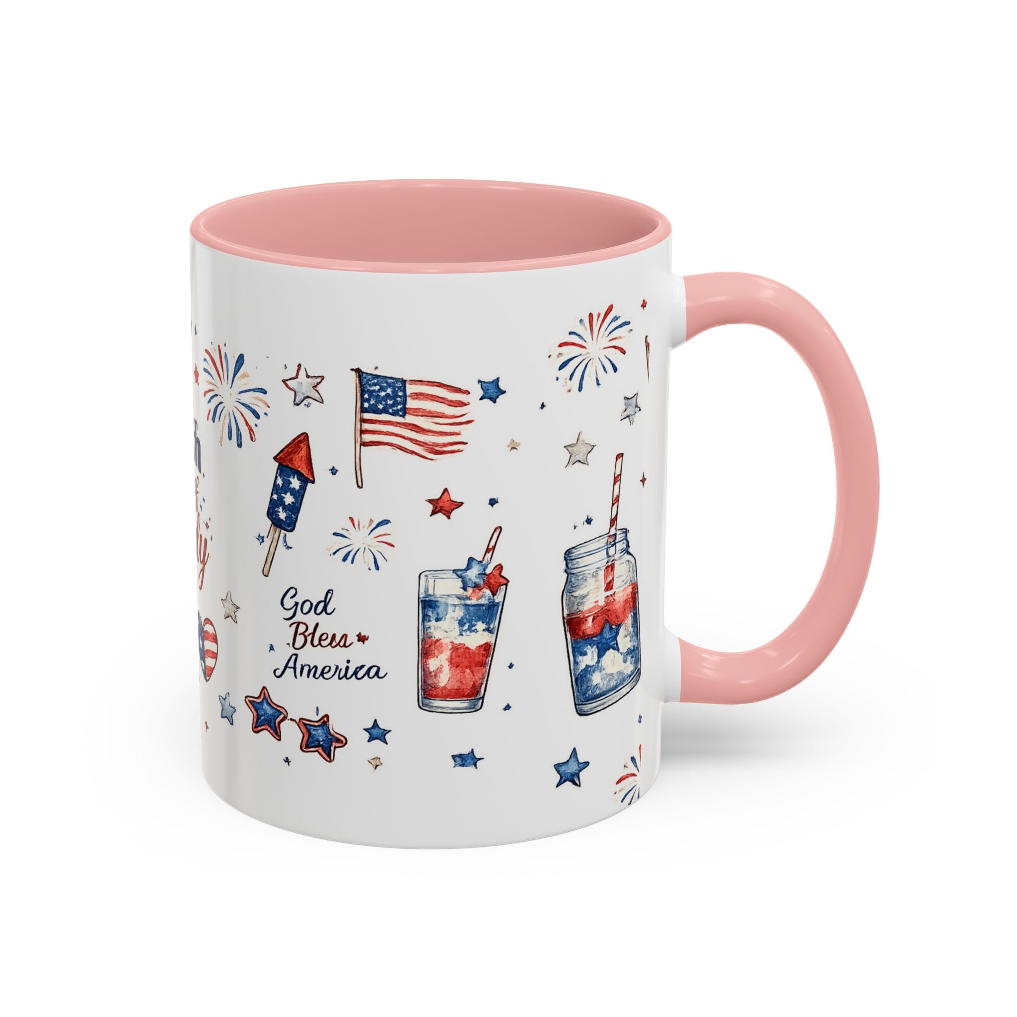 4th of July Accent Coffee Mug — Patriotic Fireworks & God Bless America Design (11oz)