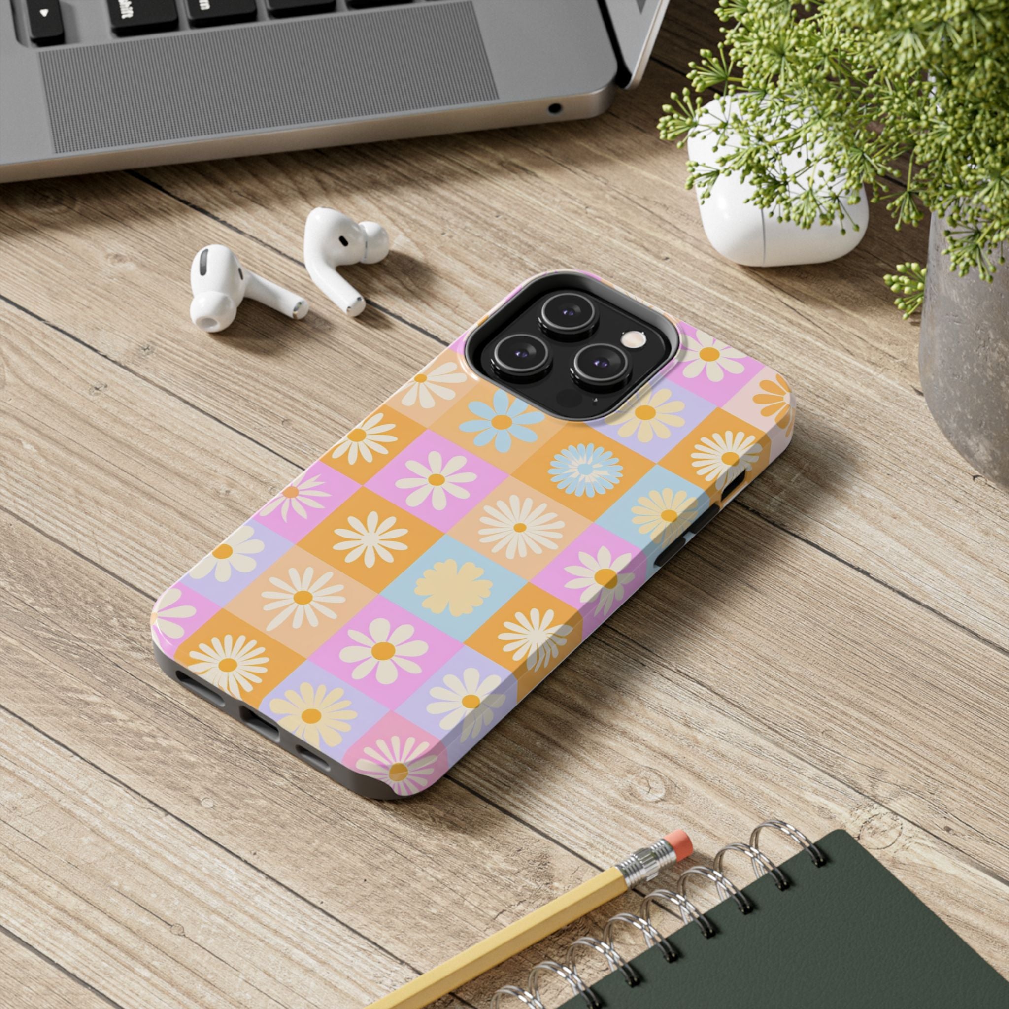 Daisy Check Tough Phone Case – Retro Pastel Floral iPhone Cover