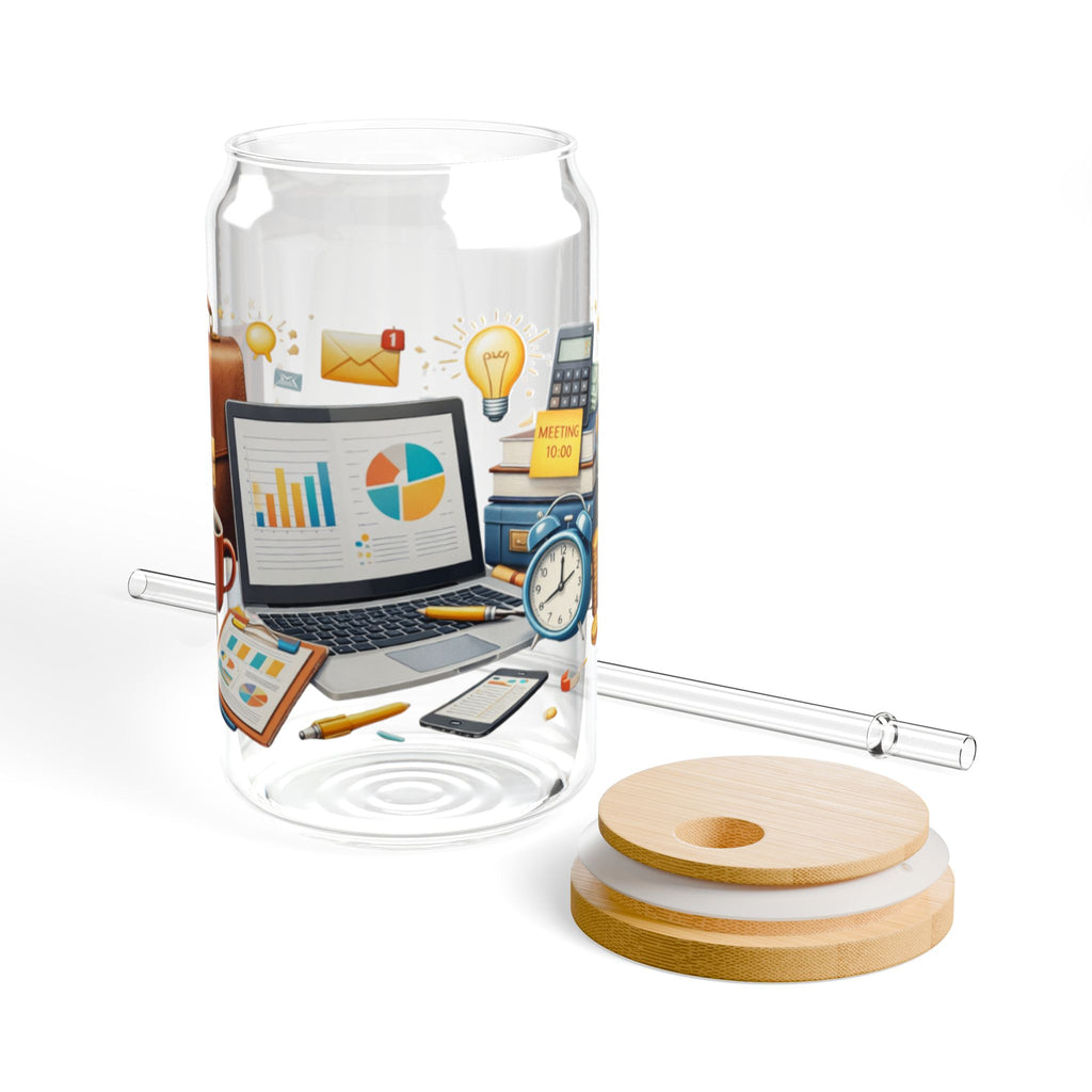 Office Hustle 16oz Sipper Glass — Work Desk Coffee & Productivity Design