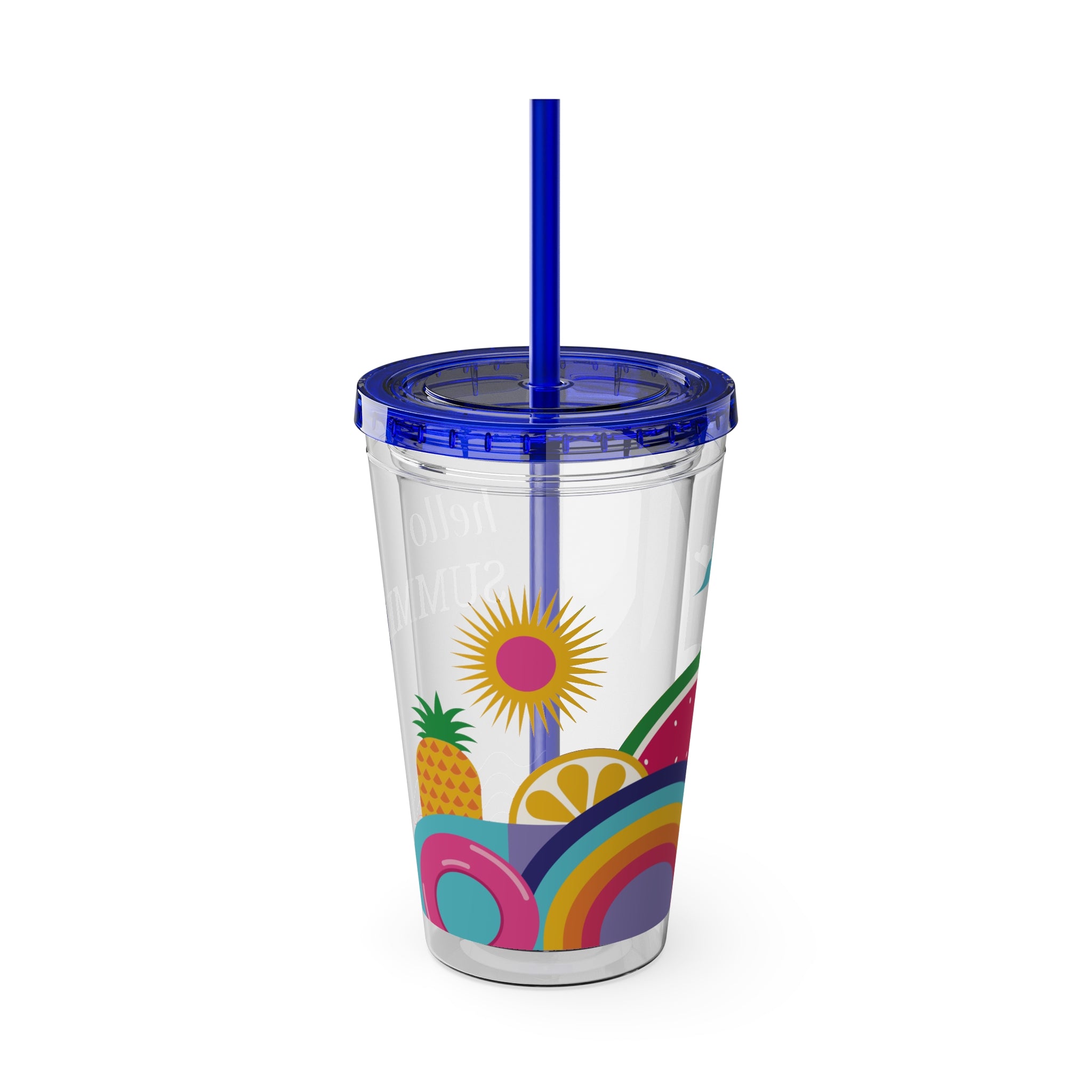 16oz Sunsplash Tumbler with Straw — "Hello Summer" Colorful Beach Vibes